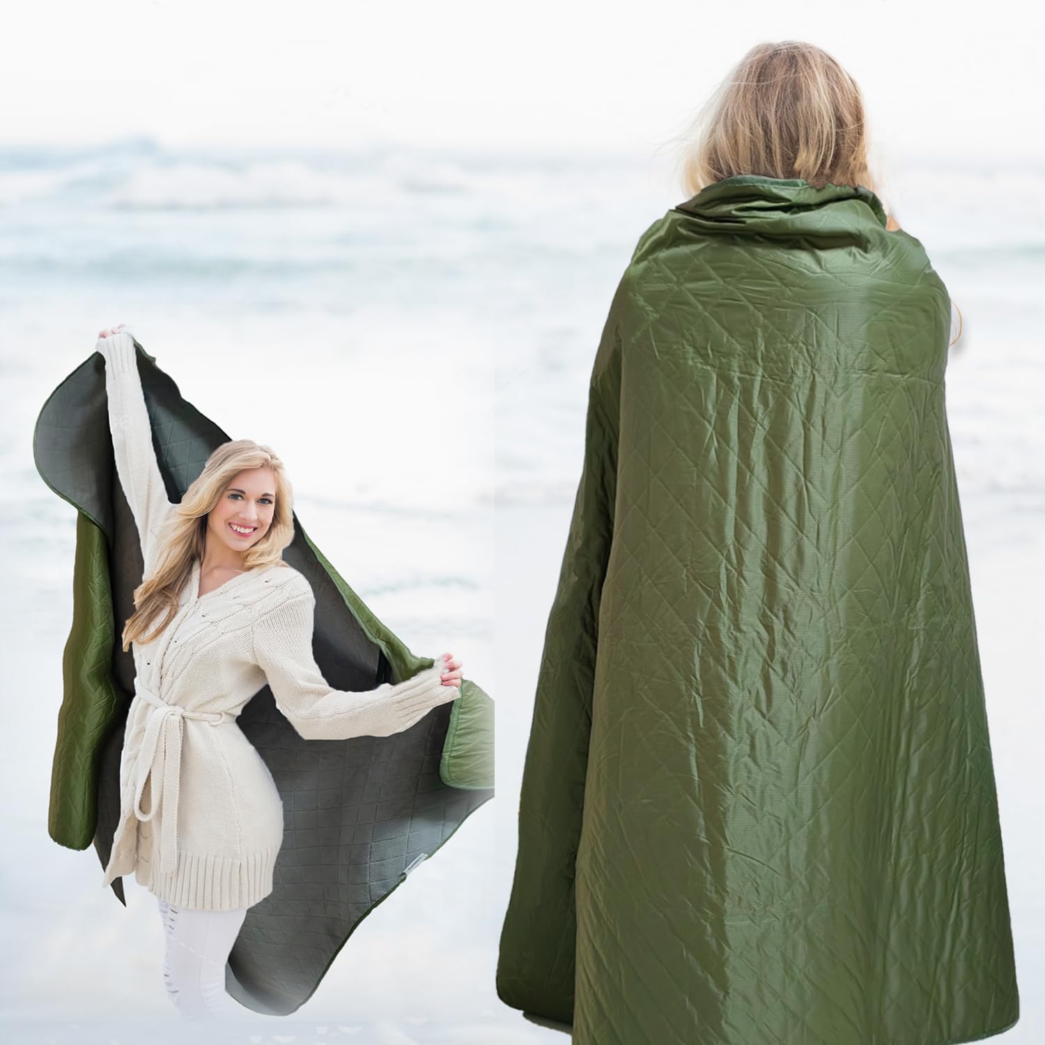Large Outdoor Waterproof Blanket-Quilted Extra Thick Fleece Windproof Warm Includes Stuff Sack Shoulder Strap Machine Washable,55"x78"- Army Green