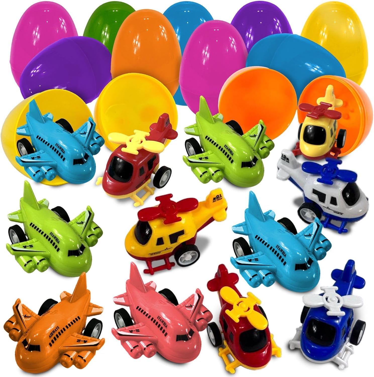 stargo 16 Pack Colorful Prefilled Easter Eggs bulk with toys - mini Aircraft, pull-back Helicopters & Airplanes. Plastic Easter Eggs Filled, Basket Fillers Egg Hunts, Party Favors, Boys Goodie Bags
