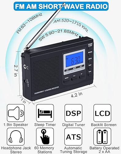 Miniatura 2 de AM FM Radio de onda corta portátil con excelente recepción y retroiluminación, radios a pilas con reloj despertador y temporizador de sueño, pequeño