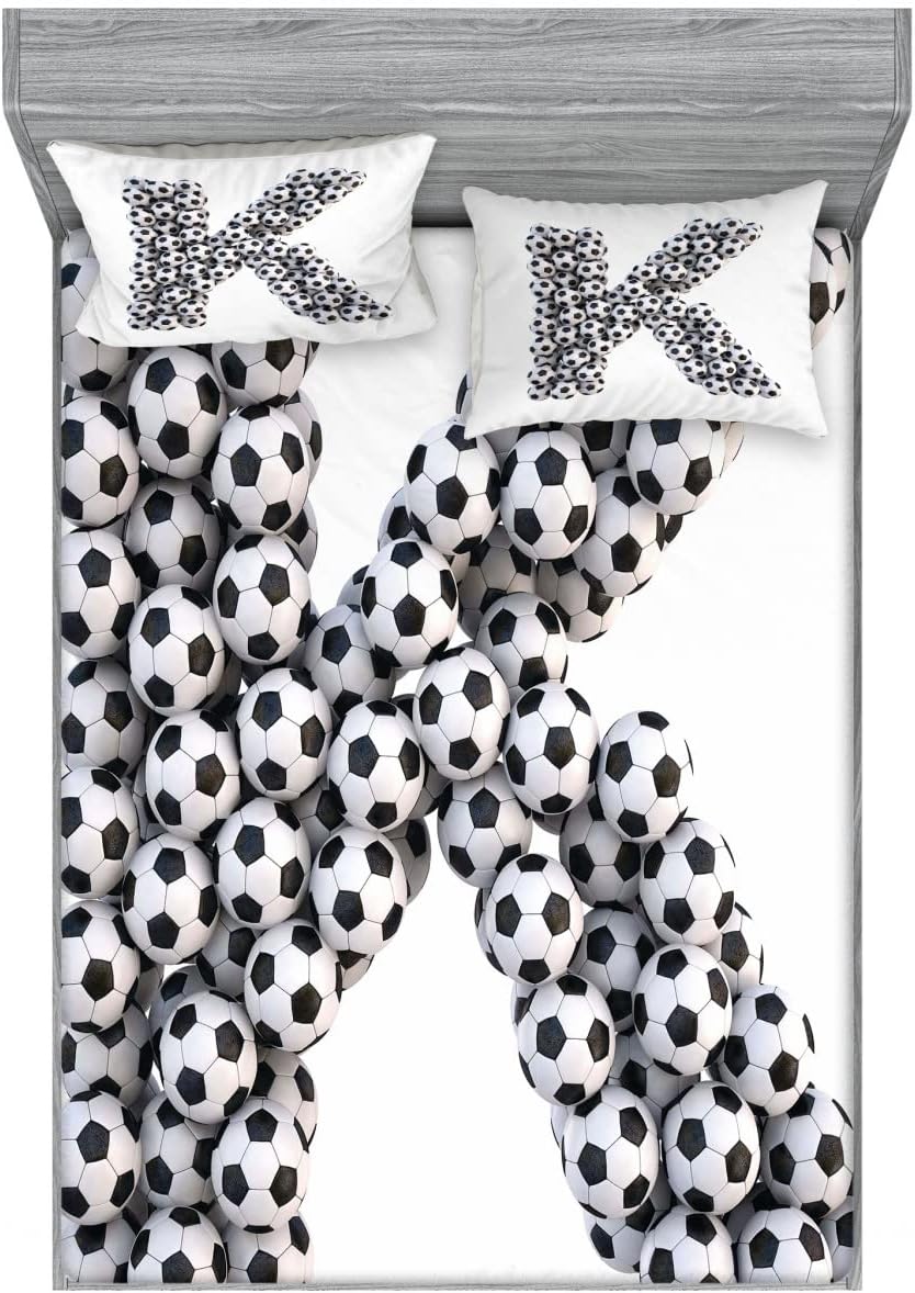 Ambesonne Letter K Fitted Sheet & Pillow Sham Set, Alphabet Design with Soccer Balls Composition with Sports Theme Outdoors, Decorative Printed 6 Piece Bedding Decor Set, Queen, White and Black
