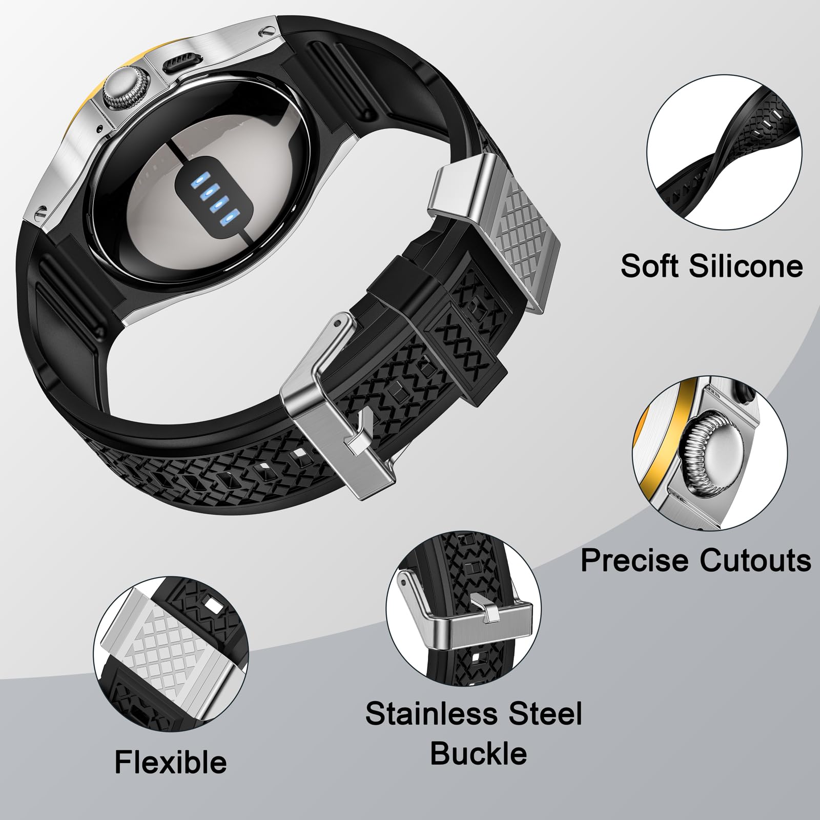 MioHHR Bracelet en silicone souple pour Google Pixel Watch 3/2/1 de 41 mm, bracelet de rechange souple avec coque de protection en acier inoxydable pour Google Pixel Watch, homme et femme, argent et