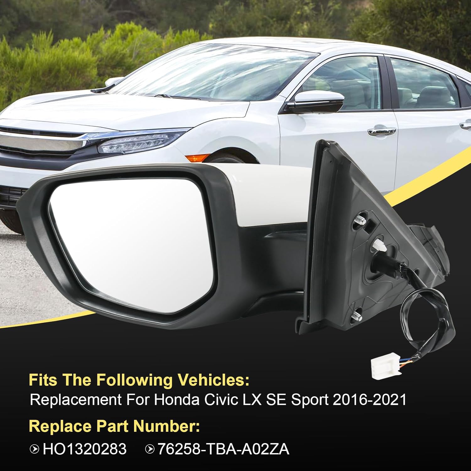 Door Mirror Left Driver Side Replacement For Honda Civic LX SE Sport 2016-2021, Replace HO1320283 White 3Pins