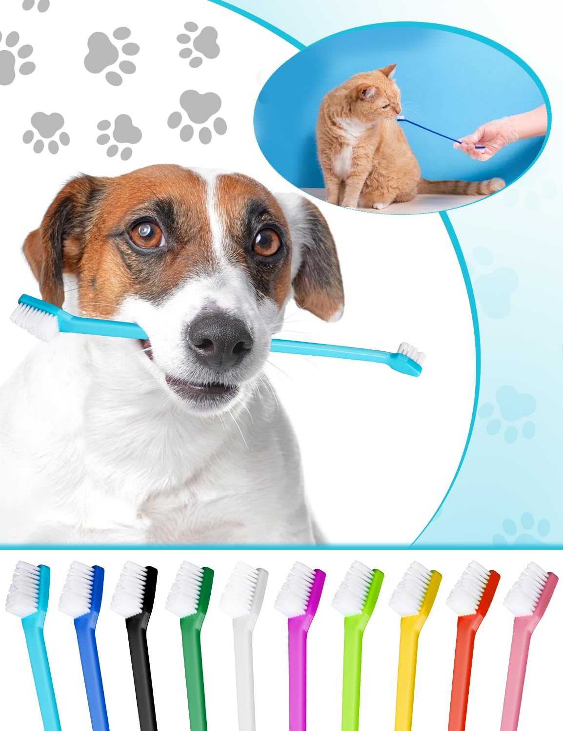 Kit de brosse à dents pour chien, double tête pour chiens de petite et grande taille, chats, chiots et la plupart des animaux de compagnie, poils souples, brosses à dents à long manche, brosse à dents