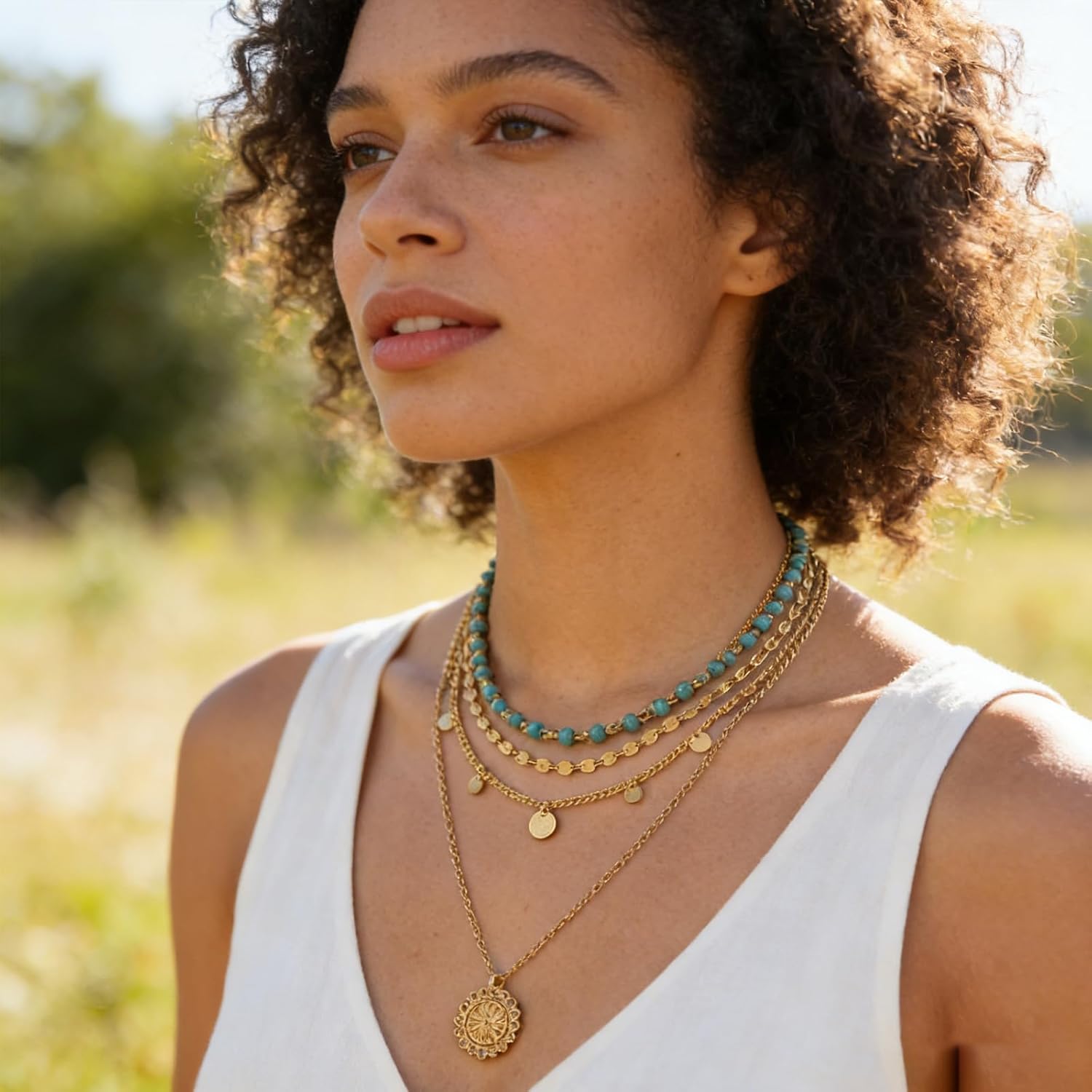 Gold Layered Necklace for Women Summer Boho Layered Stacked Pendant Necklace Country Concert Necklace Turquoise Coin Long Necklace