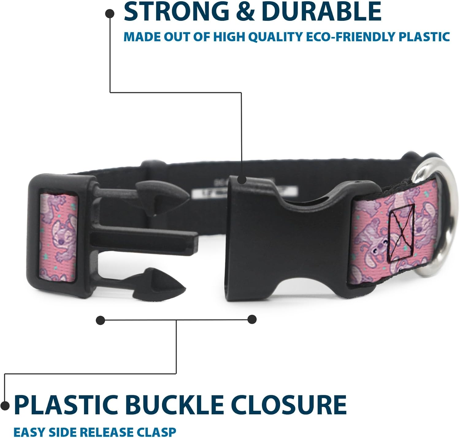 Disney Pet Collar, Dog Collar Plastic Buckle, Lilo and Stitch Angel Poses Scattered Pinks, 16 to 23 Inches 1.5 Inch Wide