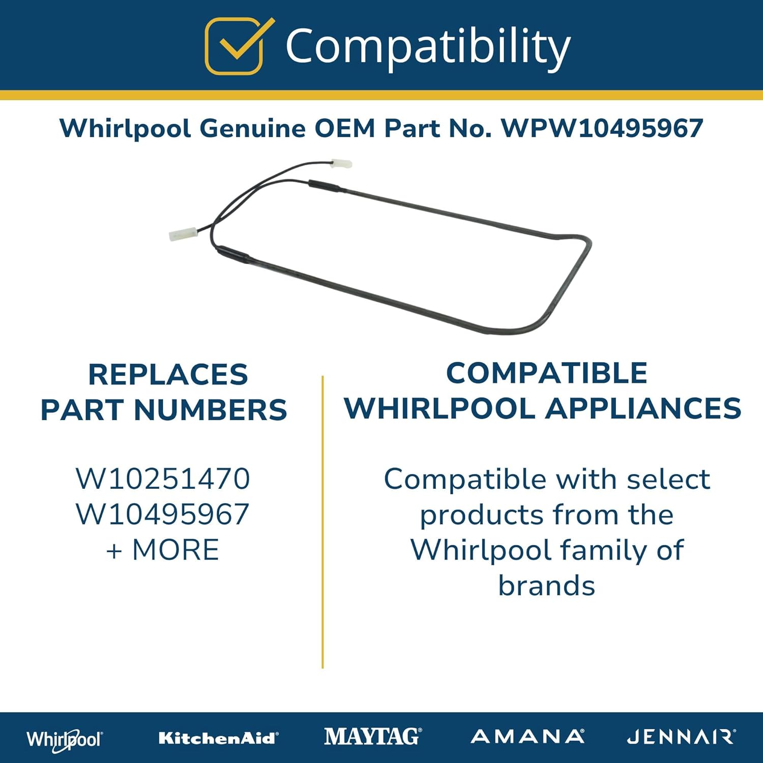 Whirlpool WPW10495967 Genuine OEM Refrigerator Defrost Heater Element Replacement Part - Replaces W10251470, and W10495967