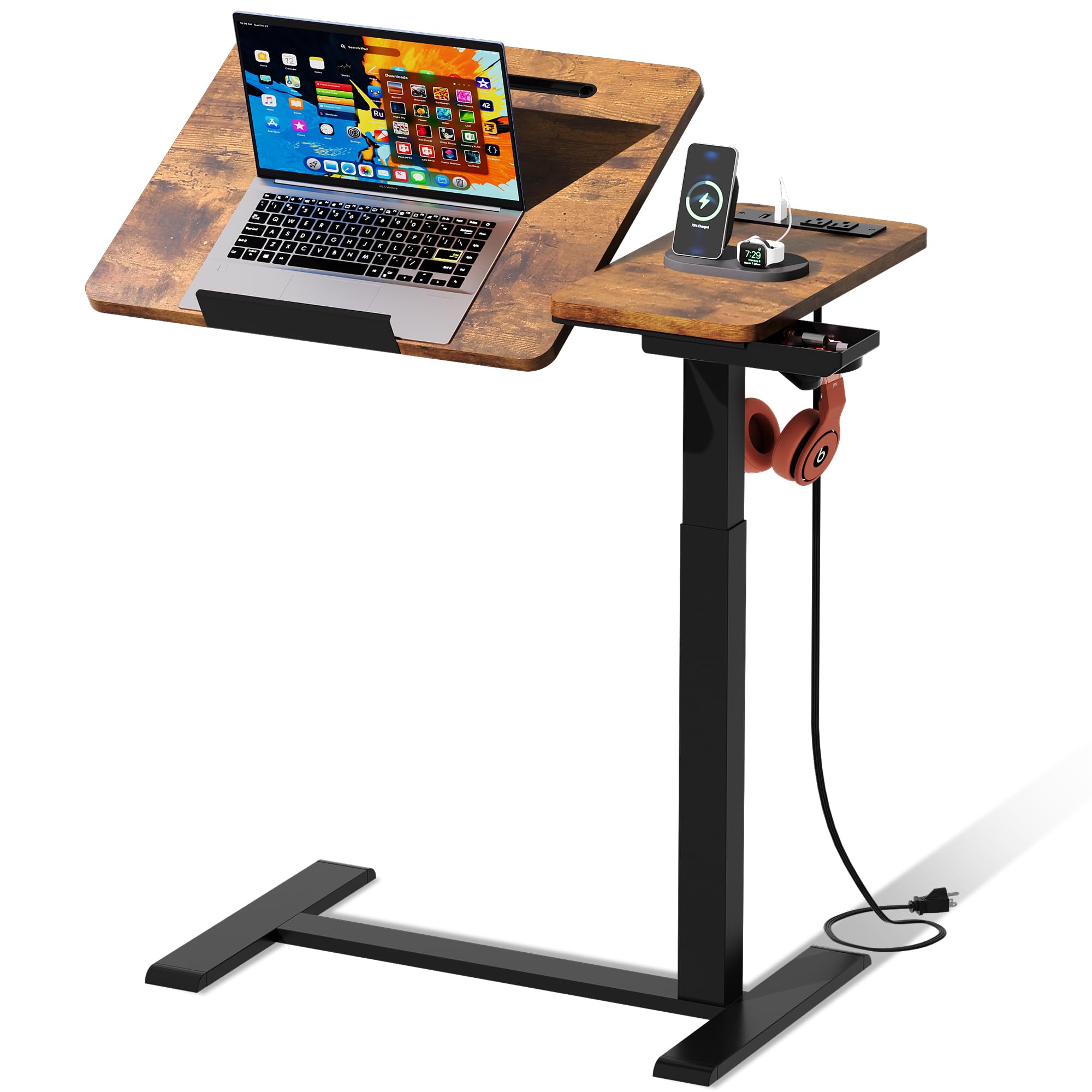 EKNKOZY Standing Desk, Medical Overbed Table with Rolling Tray and Power Outlet, Dual Pneumatic Angel and Height Adjustable Desk, Portable Side Table