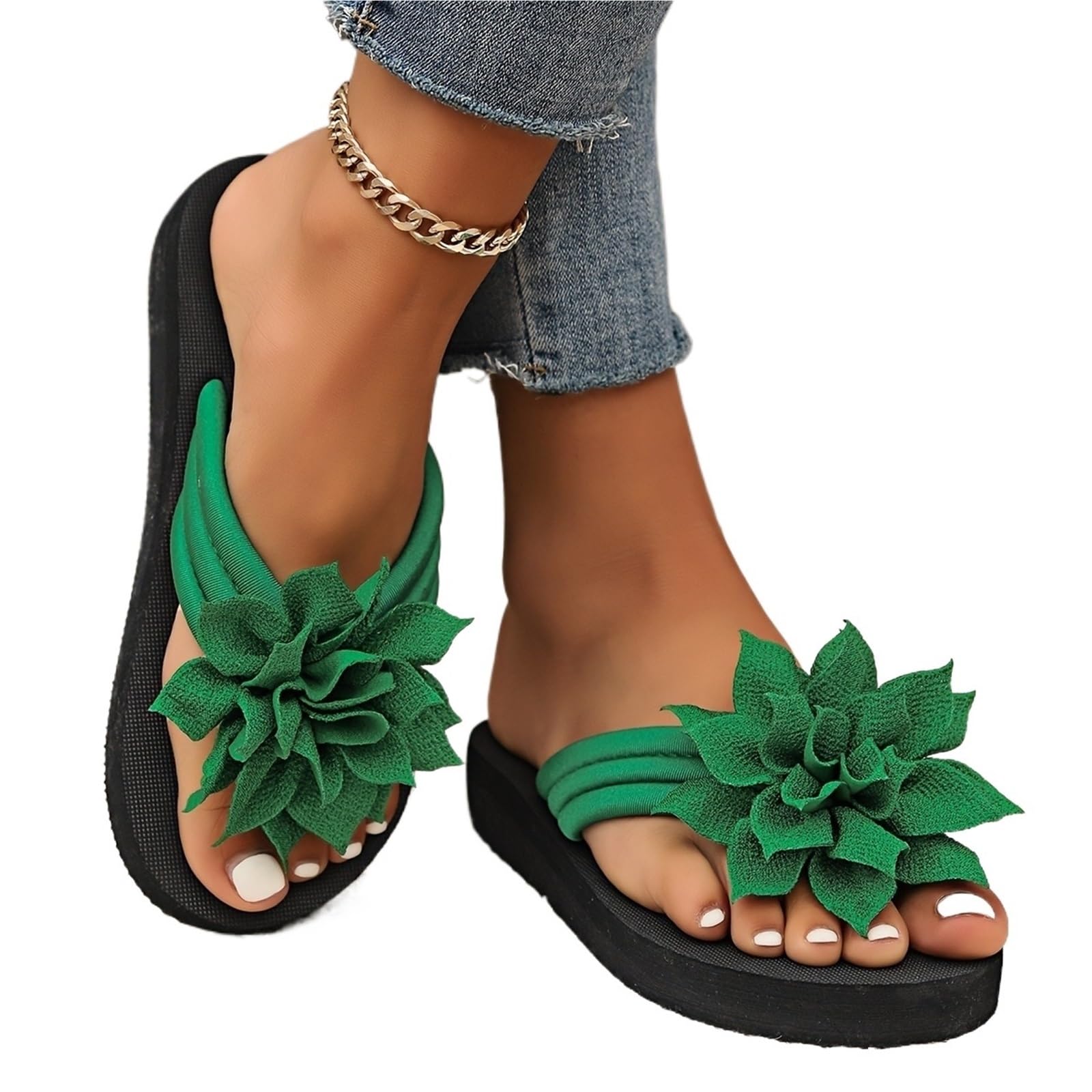 ERHTGUO Women's Floral Flip Flops SlipOn Mid Heel Sandals Fabric Upper EVA Sole Insole Solid Color Summer Casual Footwear(Green,38)