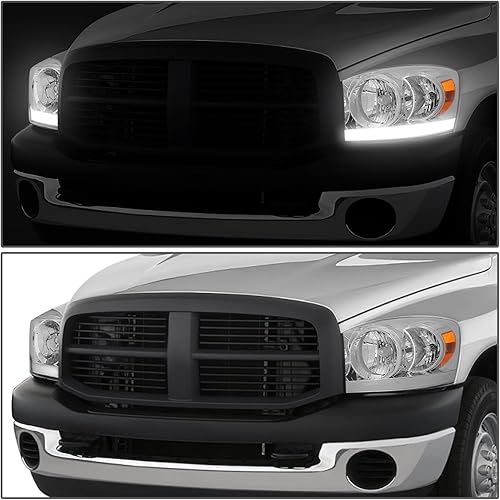 Miniatura 7 de DNA MOTORING HL-LB-DR06-CH-AM - Faros delanteros cromados ámbar, haz alto y bajo con barra de luz LED de repuesto compatible con Dodge Ram 1500