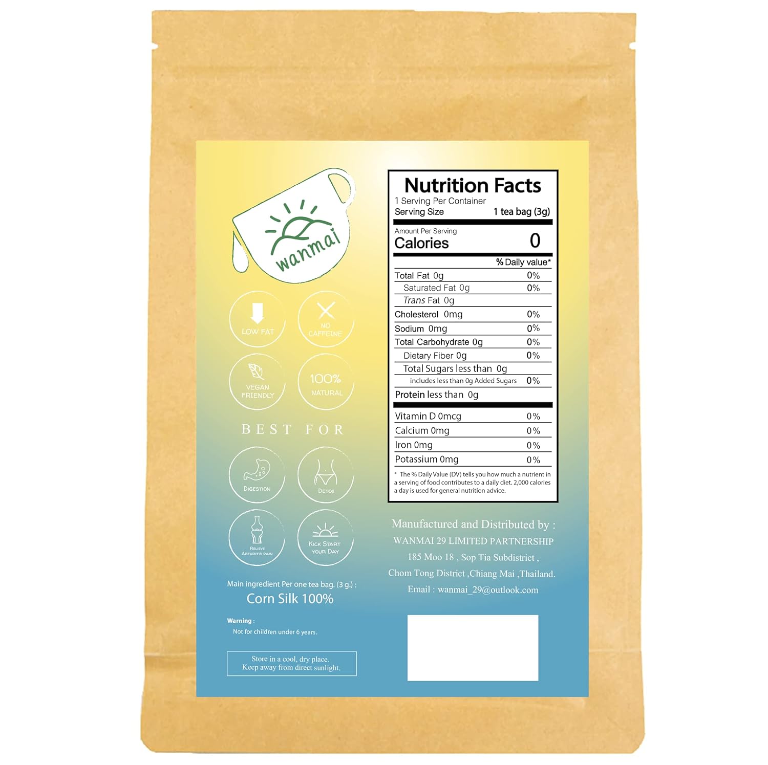 WANMAI29 Corn Silk Tea Bags, 30-Count, Natural Sugar Free Drink, Supports Vegan and Ketogenic Diets, No Caffeine or Harsh Additives, 100% Real Herb in Kraft Steeping Bag