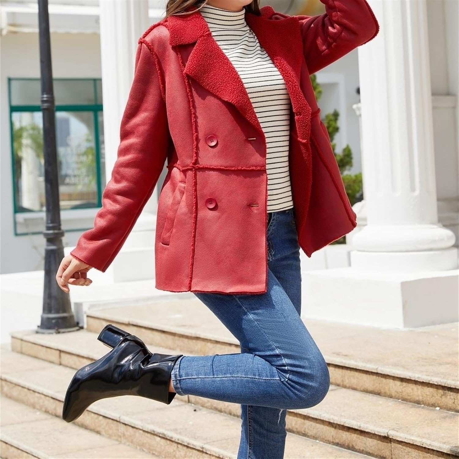 Women's Faux Shearing Moto Jacket Thick Fleece Lined Winter Coat Lapel Sherpa Motorcycle Biker Leather Jacket