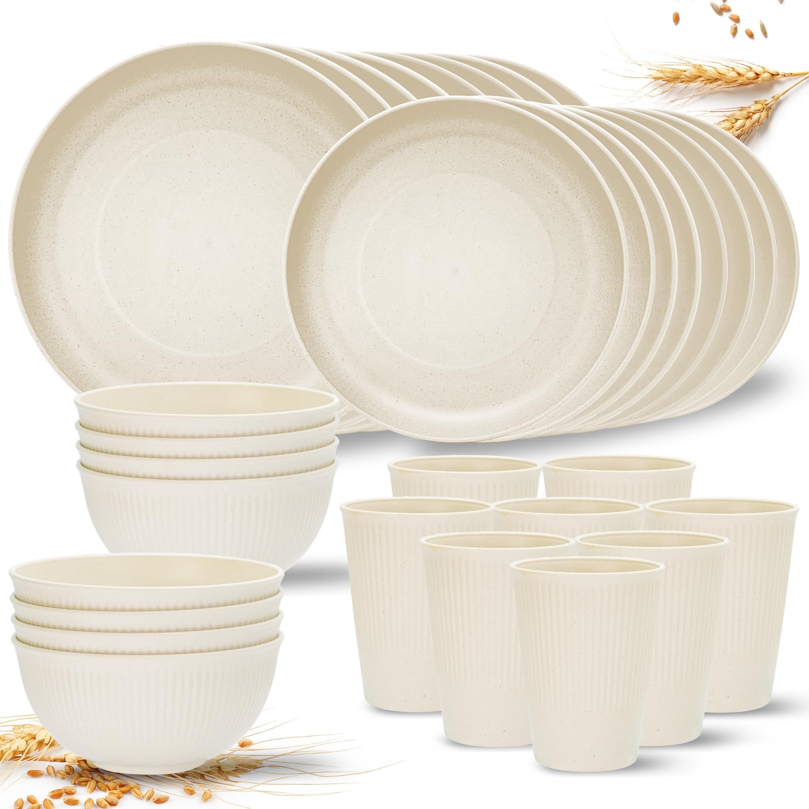 Osonm Wheat Straw Dinnerware Sets for 8, 32PCS Unbreakable Reusable Plastic Dinner Plates Dessert Plates Bowls Cups Set, Dishwasher Microwave Safe Dishes Set for Camping, RV, Kitchen, Dorm (Beige)