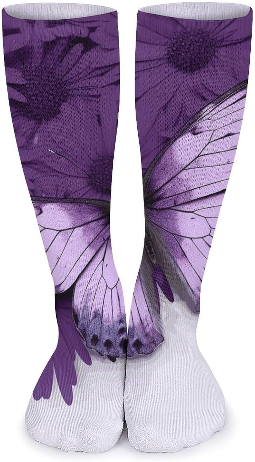 Super Value Fashion Large Chemical Fiber Men's And Women's Breathable Purple Butterfly Printed Stockings 5 Pairs of Super Soft Non-binding Moisture Wicking Christmas Socks 15.7 in