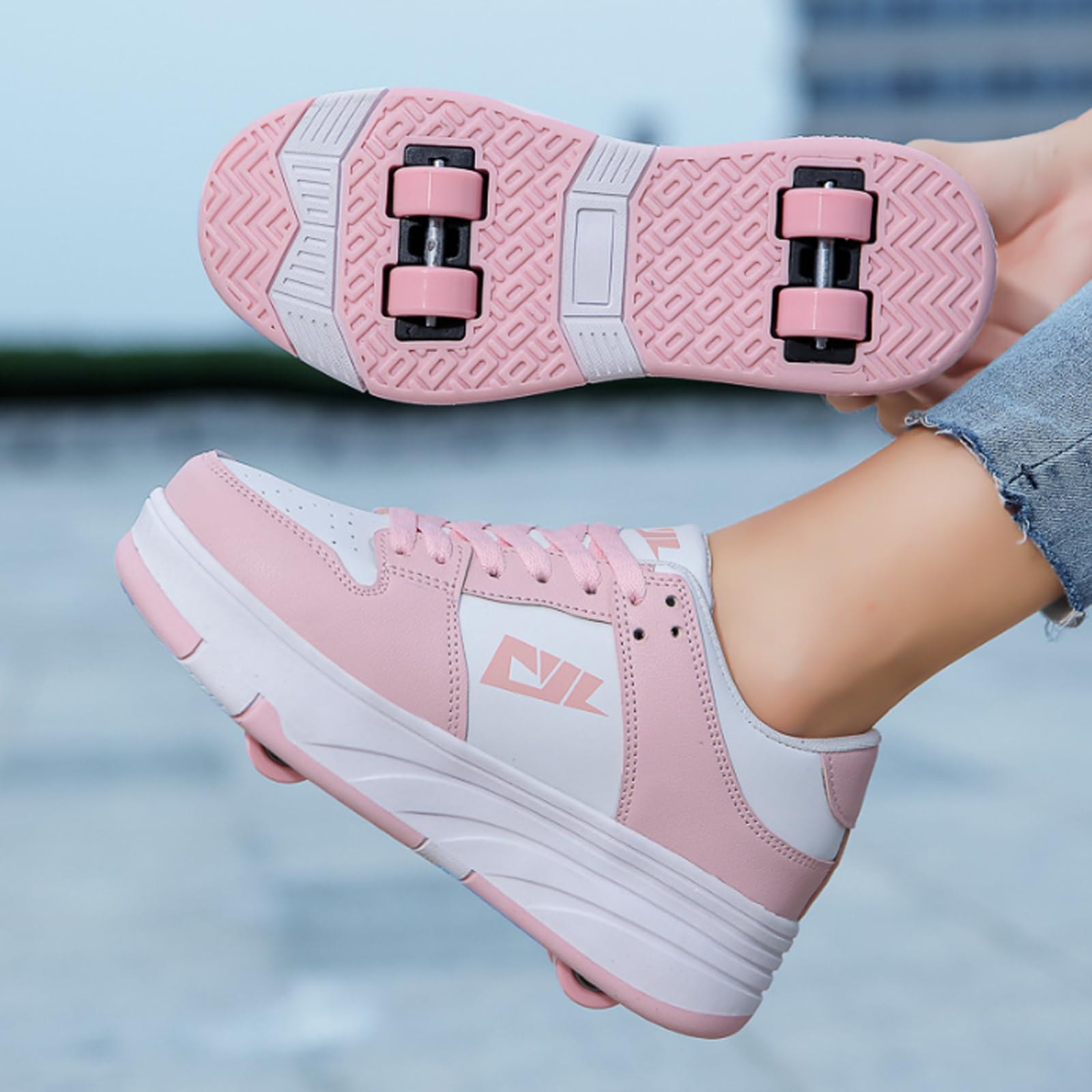 Hixingo Zapatillas con Ruedas Niña Niño, Zapatos con Ruedas Negro, Rosa Zapatillas Patines Zapatillas Ruedas Transpirable Zapatos Patines Calzado de Skateboarding Multifuncionales
