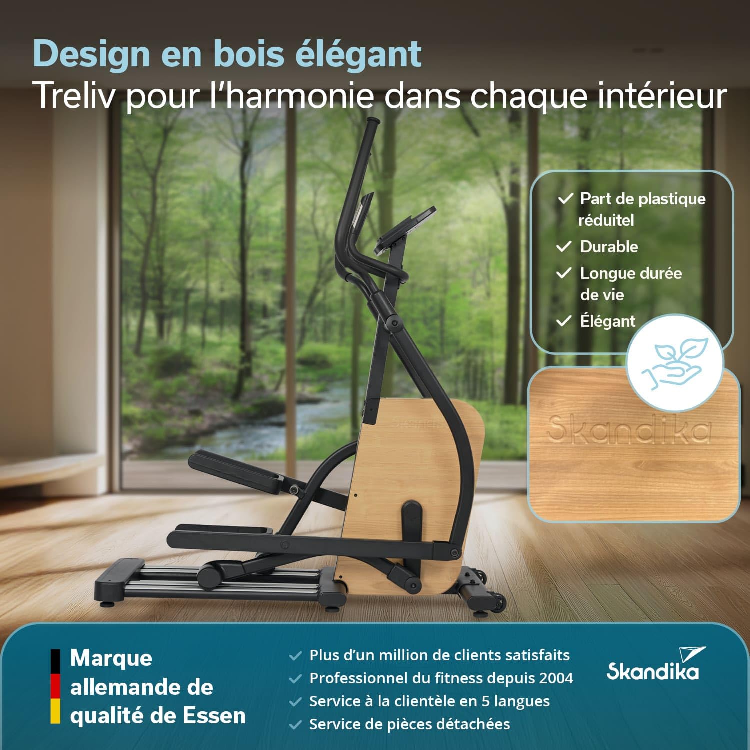 Skandika Vélo elliptique Treliv P22 | Vélo elliptique d'appartement avec éléments en Bois, 32 Niveaux, 22 programmes, Frein magnétique, Compatible avec Kinomap, Bluetooth, Max 135KG