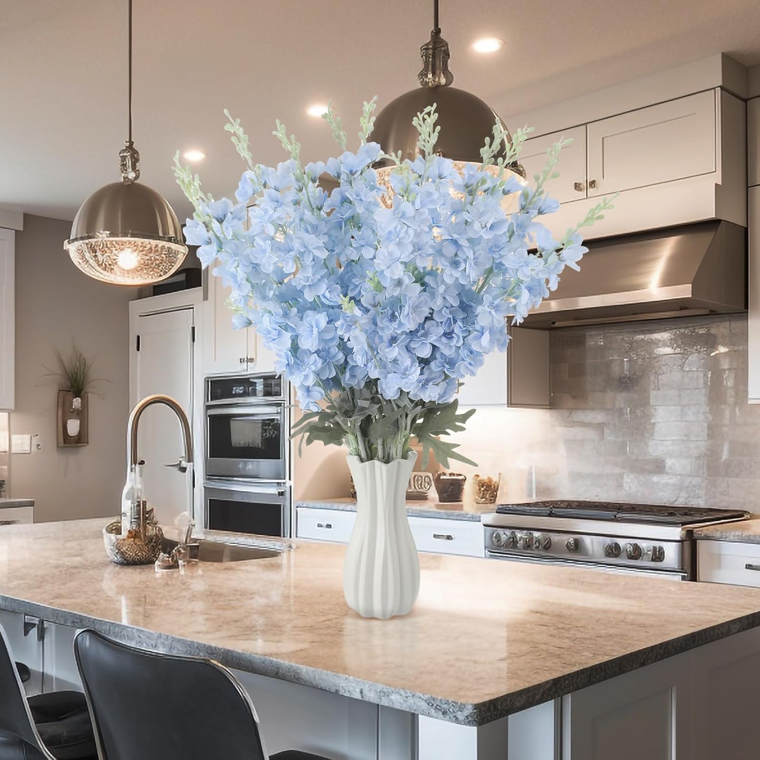 50 Pcs Delphinium Artificial Flower 35.4'' Long Larkspur Stem Silk Fake Faux Flowers Bulk for Tall Vase Floral Arrangements Home Centerpiece Table Wedding Decor (Blue)