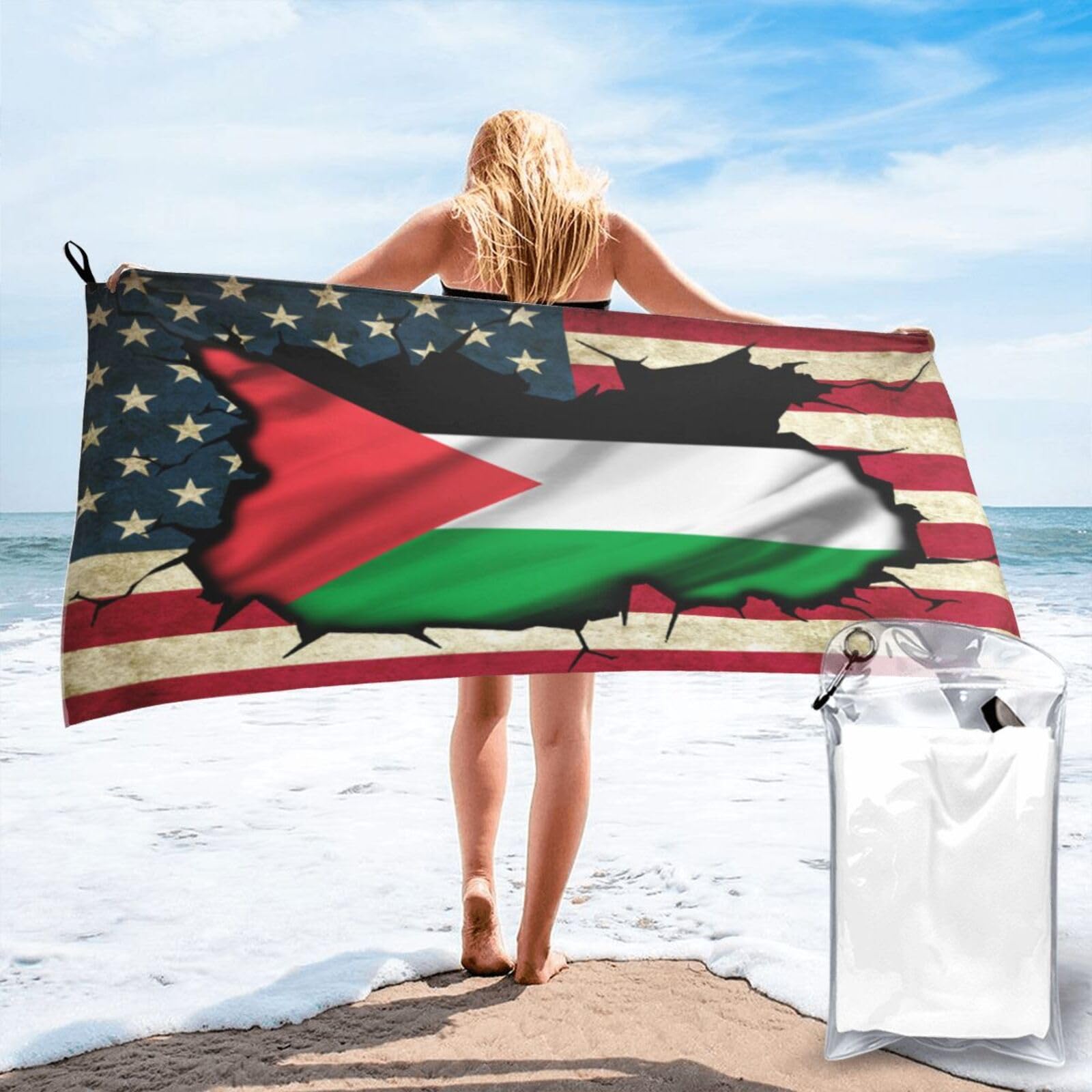 HACXZ Vintage America Flag and Palestine Palestinian Flag Absorbent Beach Towel Microfiber Beach Towel Lightweight 31.5"X63"