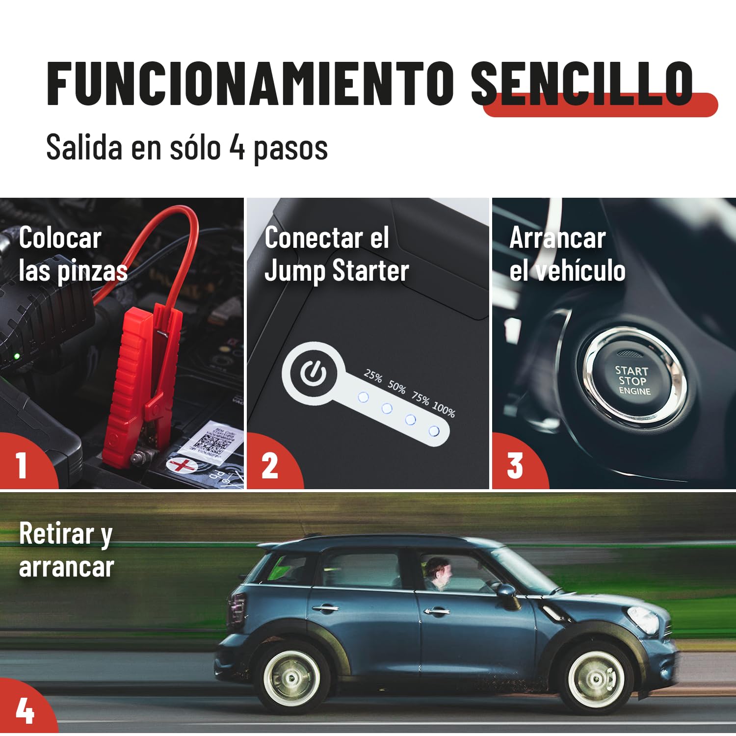 ABSINA Arrancador de baterias Coche 1500A | Arrancador coche portatil 12V adecuado para 6L Gasolina & 4L Diesel - Booster con 2 Puertos USB & Linterna - bateria