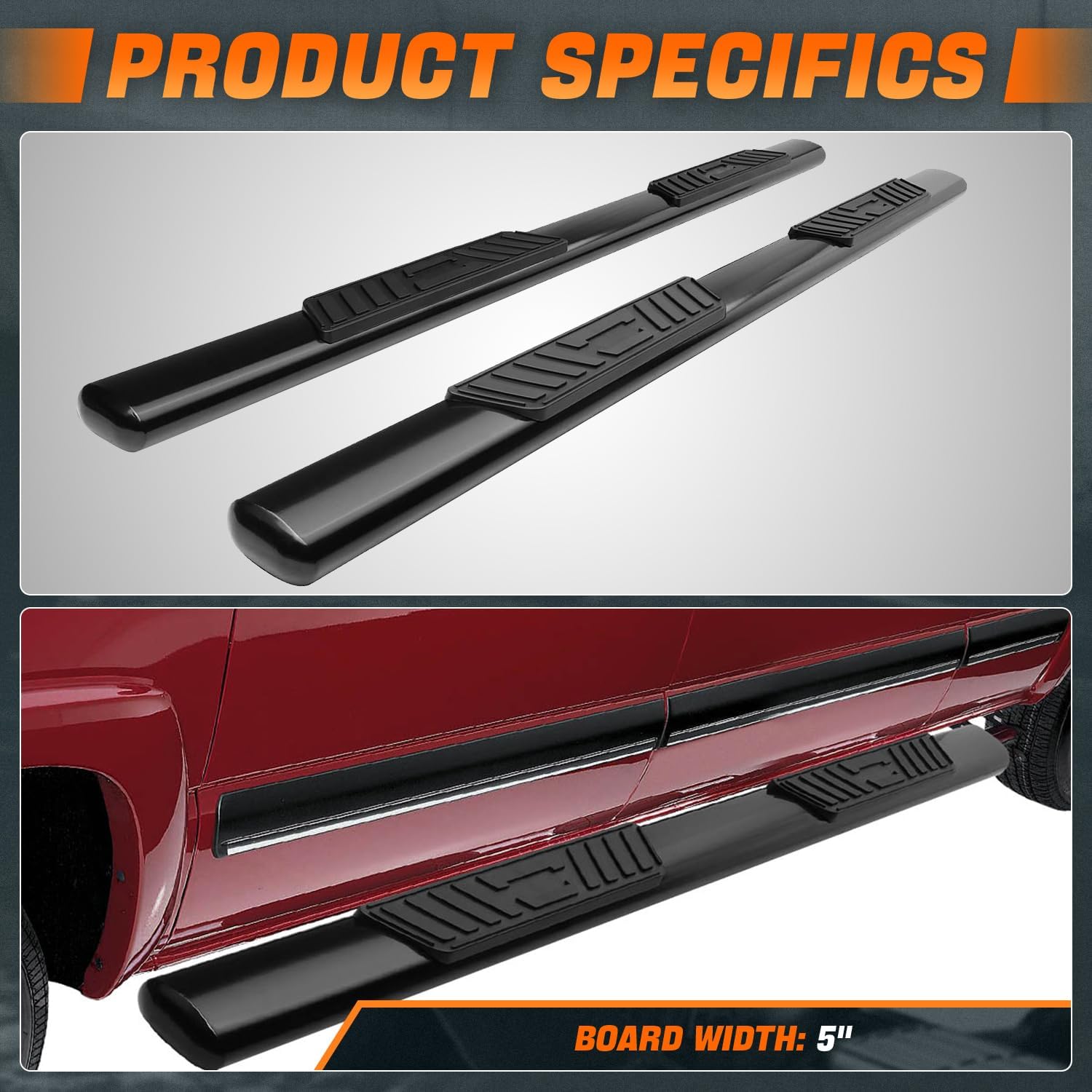 5 in. OD Oval Steel Side Step Nerf Bar Compatible with 01-14 Silverado Sierra 1500 2500HD 3500HD Crew Cab CAAP-STEPS5O-930BK