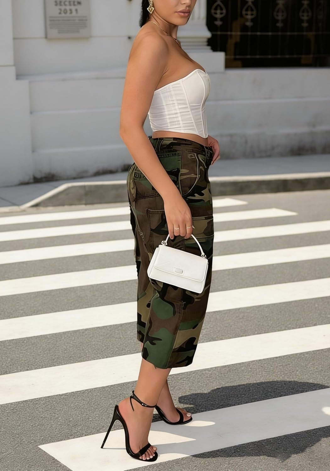 LKOUS Camo Cargo Shorts for Women Casual High Waisted Bermuda Short Jeans with Flap Pockets