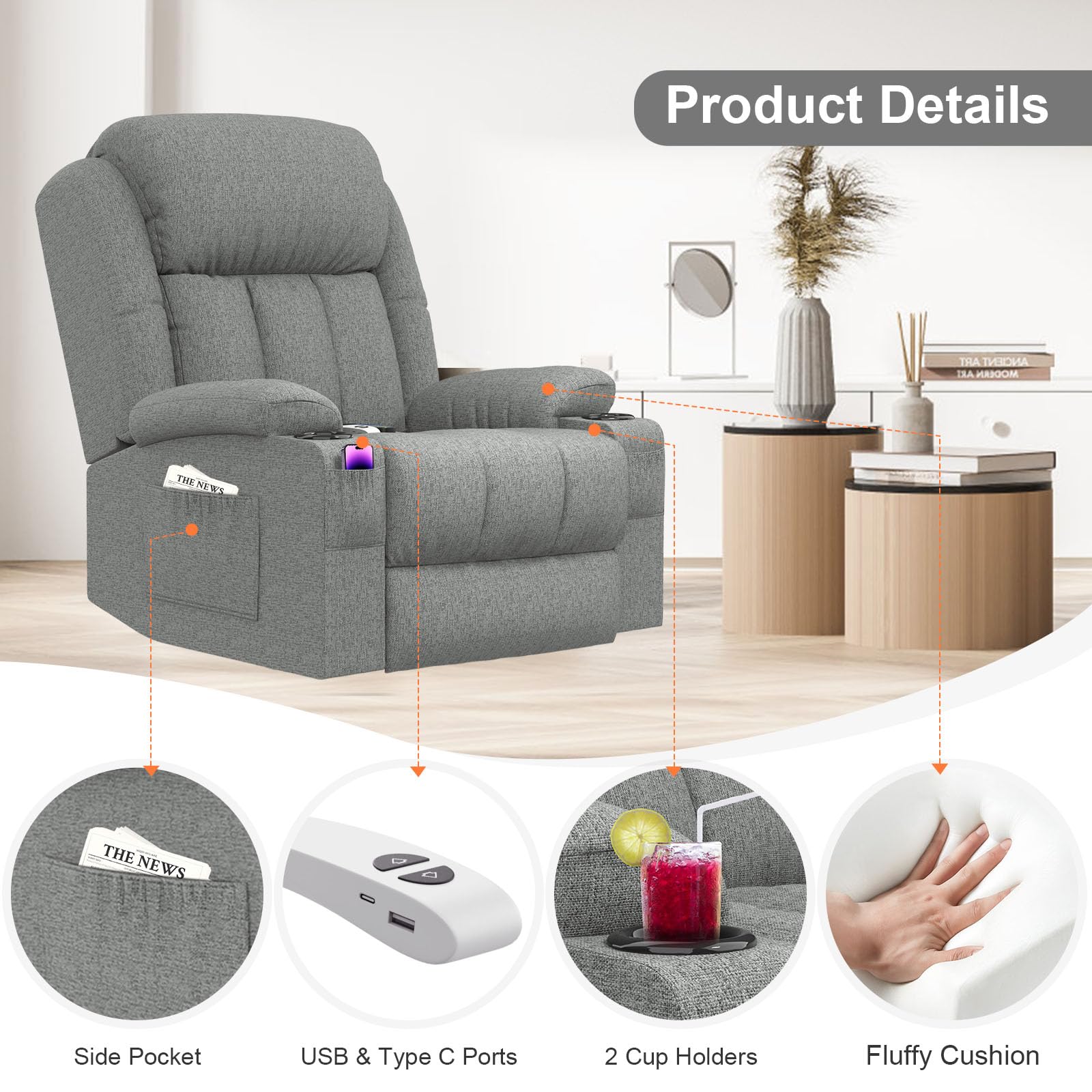 Poltrona Relax Elettrica 150° Poltrone Massaggiante Reclinabile Con Riscaldamento Lombare, Poggiapiedi Esteso, Porte USB + Tipo C, 2 Portabicchieri, Elettrica Alzapersona Poltrona Anziani Sofa