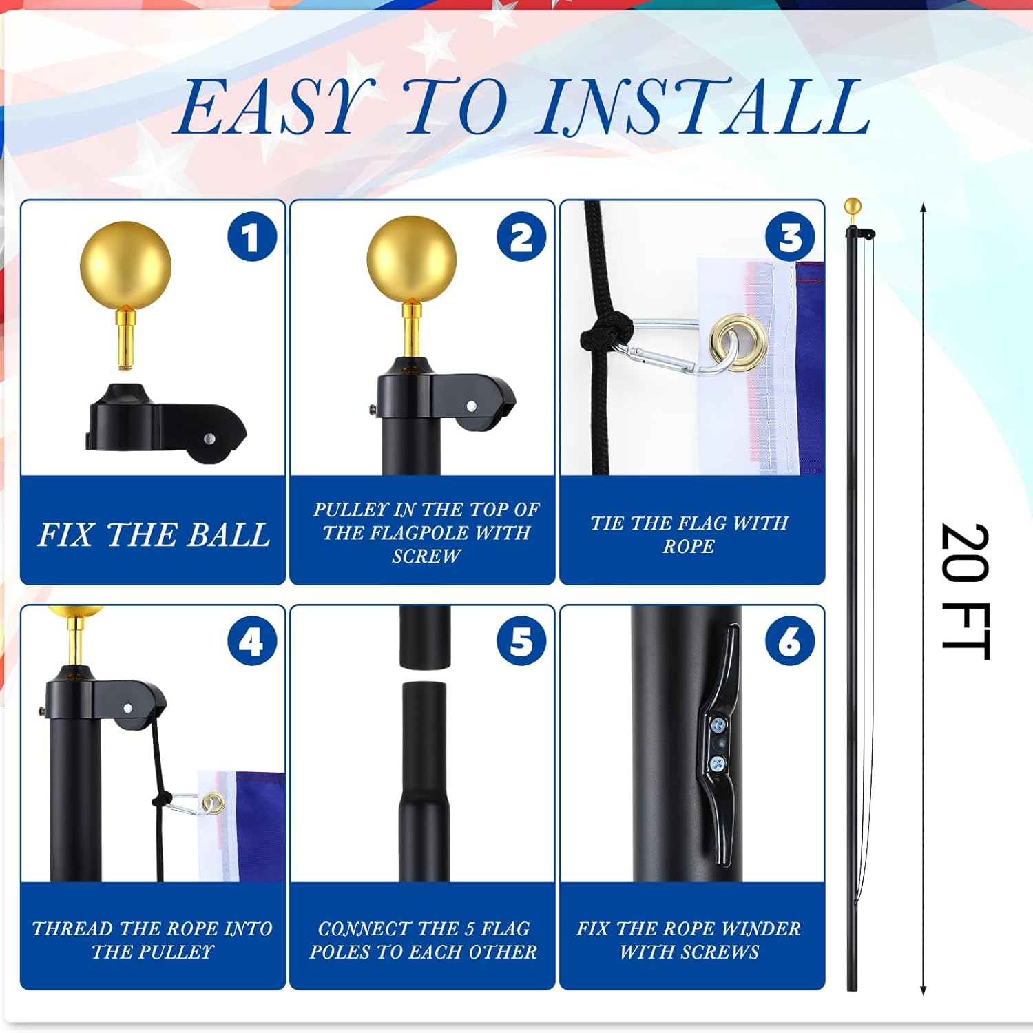 FuWeave Flag Poles for Outside House in Ground 20 ft Sectional Flag Pole Kit Extra Thick 16 Gauge Heavy Duty Aluminum Flag Pole with Gold Ball Top for Residential or Commercial(Black)