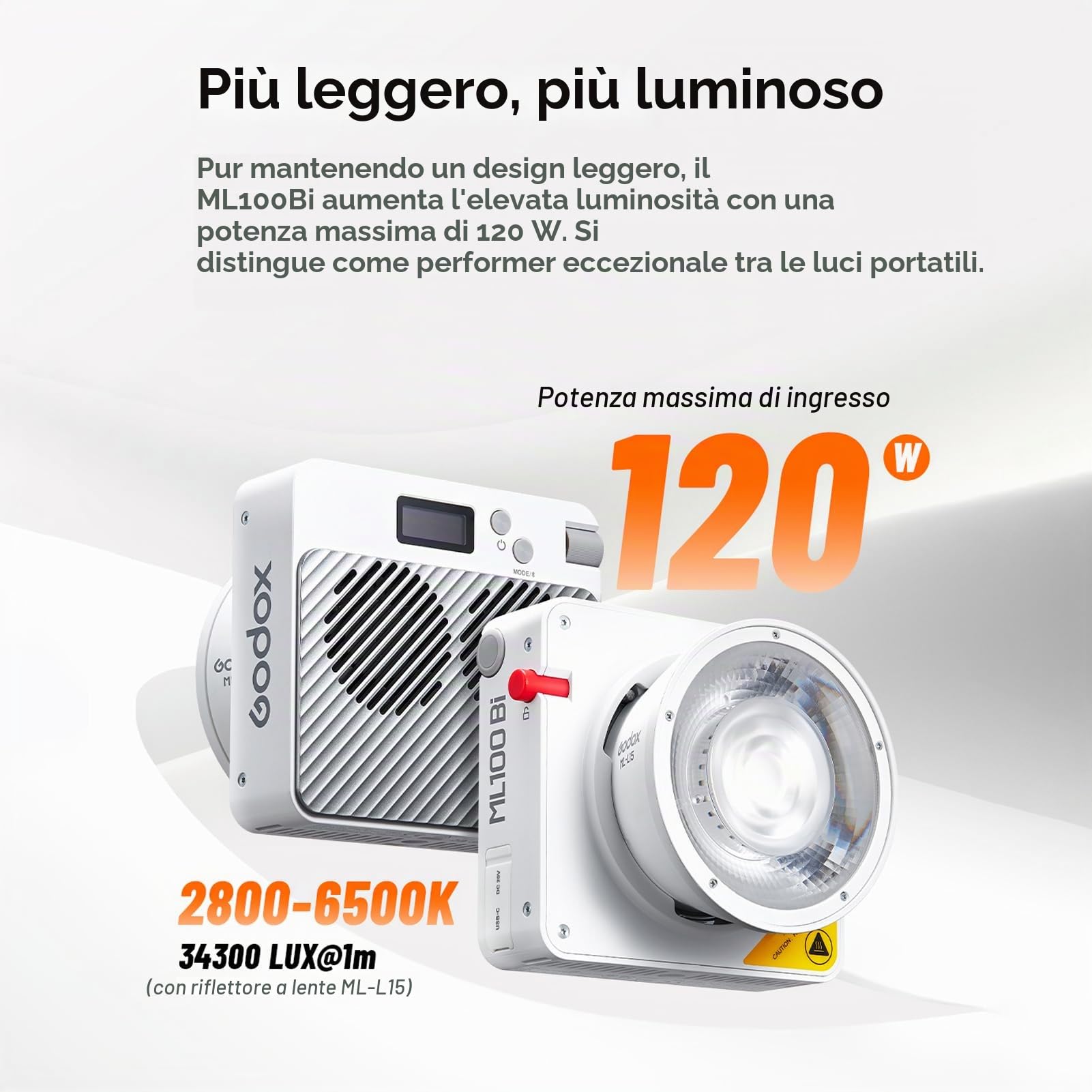 Godox ML100Bi Kit1 Luce video LED tascabile 120W Luce di riempimento bicolore per fotografia 2800K-6500K CRI97+ TLCI98+ Controllo APP 11 Effetti di luce Supporto Godox