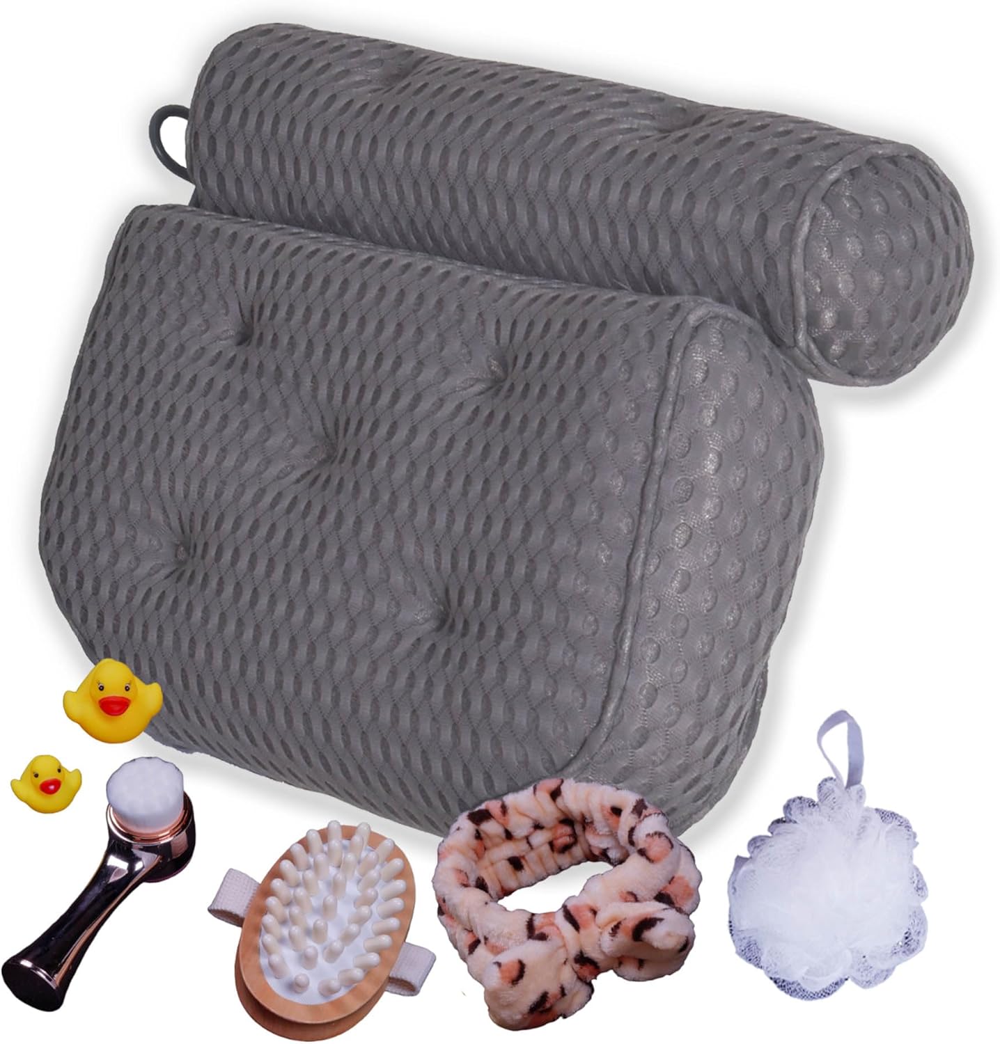 Bathtub Pillow Set of 8 Pieces Luxury Spa Bath Set Includes Bath Massage Brush, Facial Cleanser Brush, Bath Spouge, Neck and Shoulder Pain Relief Pillow (Gray), Large