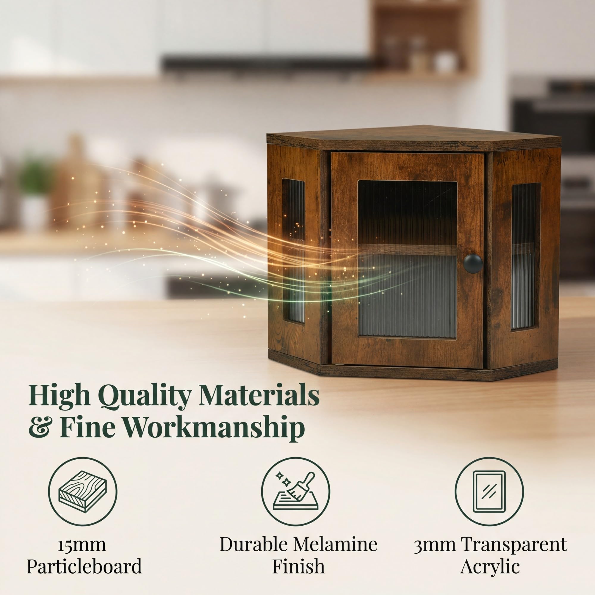 Portapane Angolare 32x32x35cm, Mobile Contenitore Cucina con Mensola Regolabile, Porta Acrilica Trasparente, Finitura Effetto Legno, Risparmio Spazio, Design Rustico Moderno