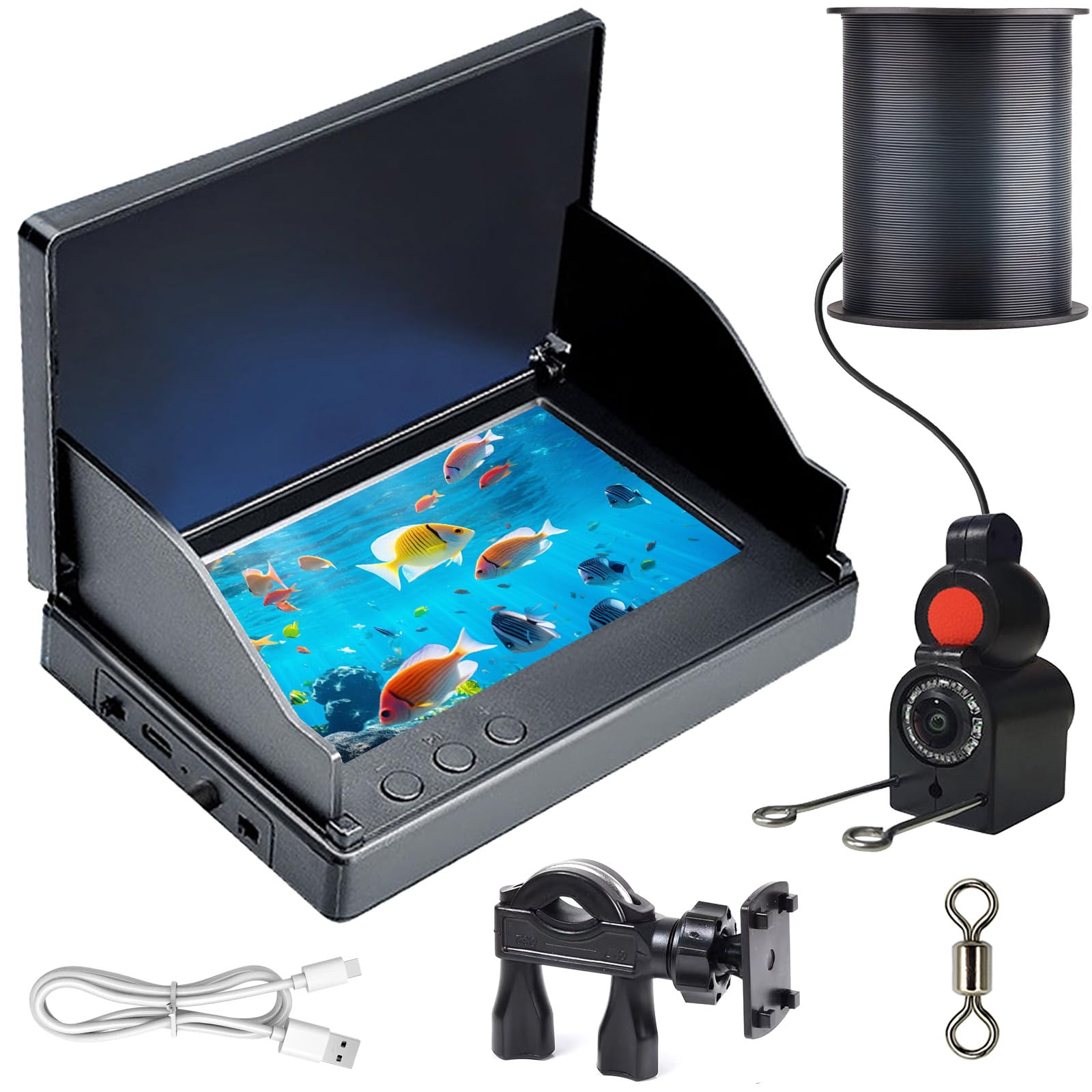 Fischfinder, Unterwasserkamera Angeln, Fish Finder Kamera IP68 Wasserdicht Unterwasser Kamera, 5000mAh Akku, 30m Kabel, 220° Weitwinkel Nachtsicht für Meeresangeln Fluss Angeln Eisfischen