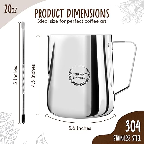 Miniatura 8 de Jarra espumadora de leche, 32 oz (30.4 fl oz), taza espumadora de leche de acero inoxidable con bolígrafo Latte Art, medición en ambos lados, jarra