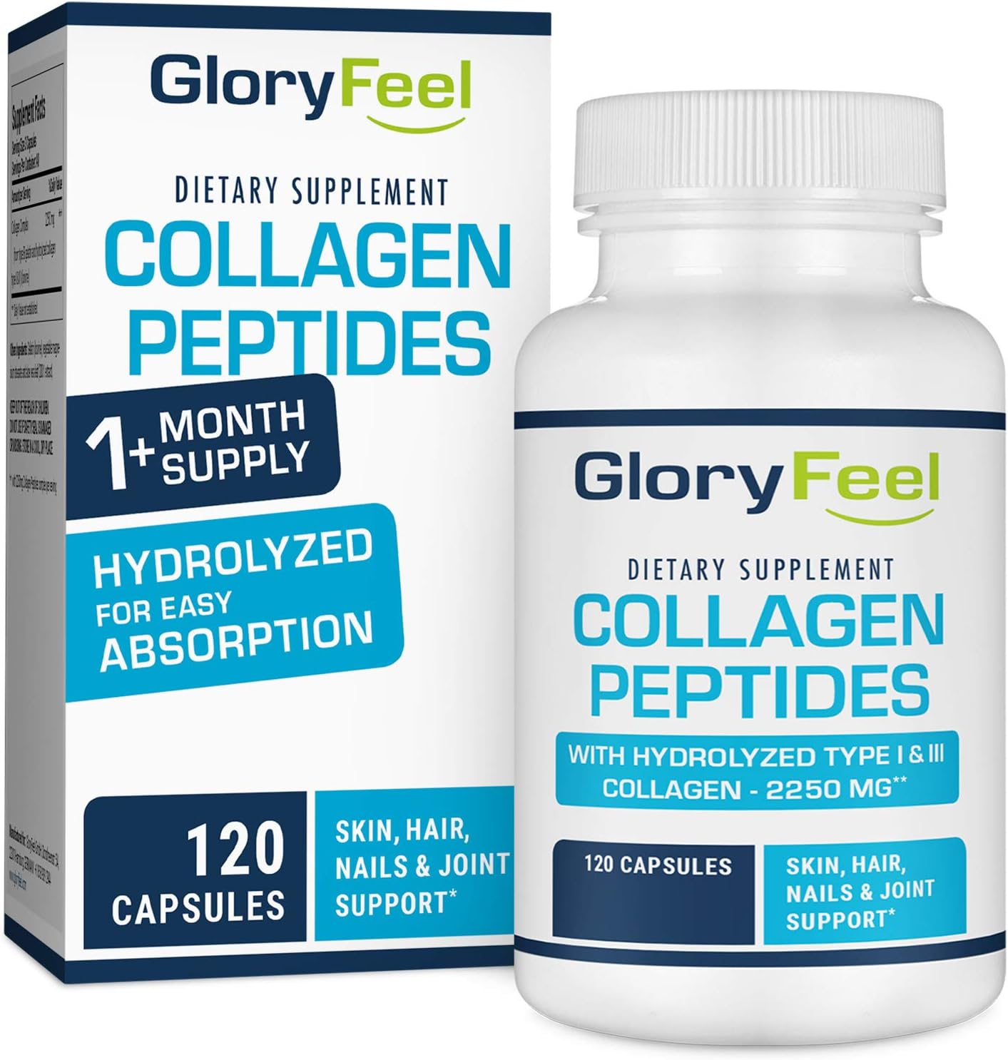 Gloryfeel Hydrolyzed Collagen Pills for Women & Men (Types I & III) - Collagen Peptides for Anti-Aging, Hair, Skin, Nails and Joints (120 Collagen Capsules)