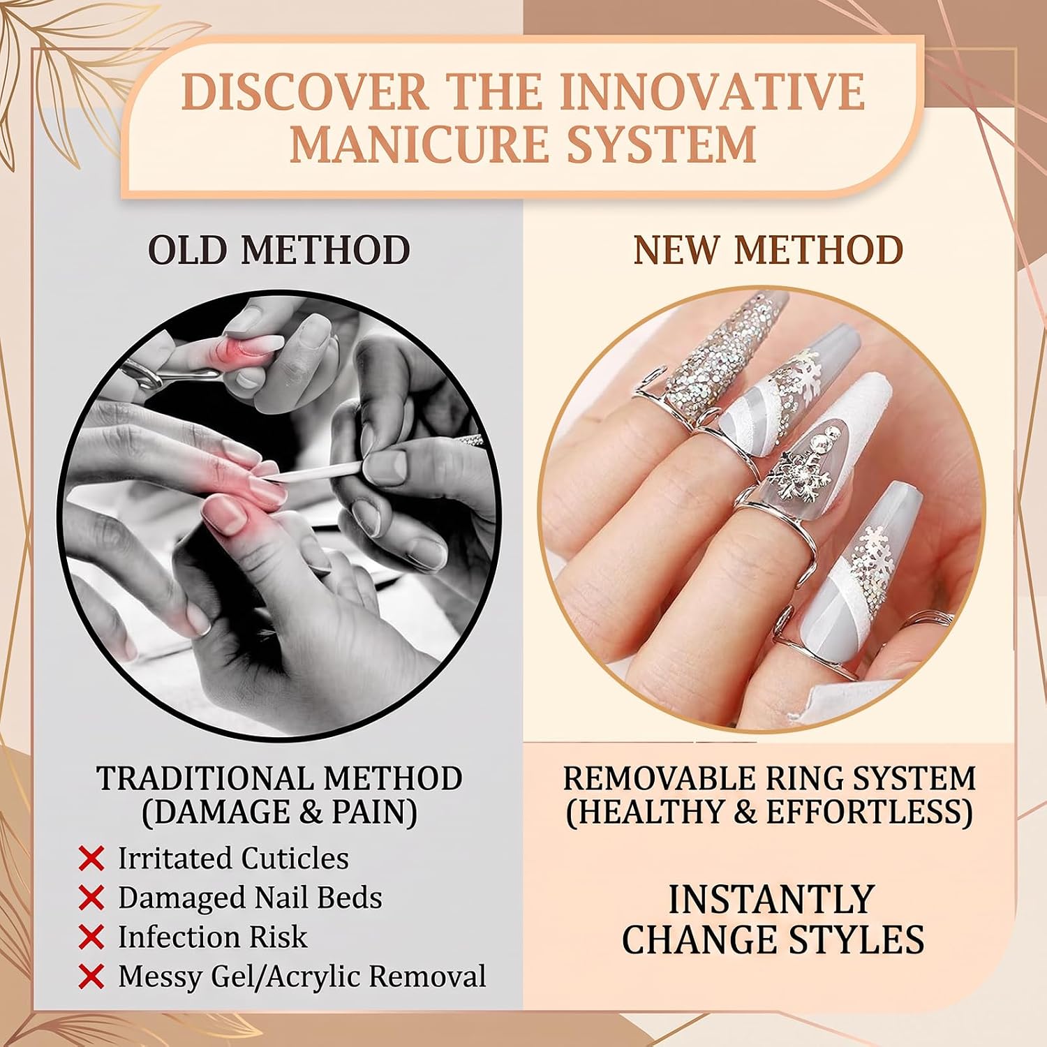 20 Pcs Wudu Nail Rings for Women with 120 Adhesive Tabs, No Glue Reusable Adjustable Metal Fingernail Rings for Press‑On Nails, Gold Silver Nail Art Decoration