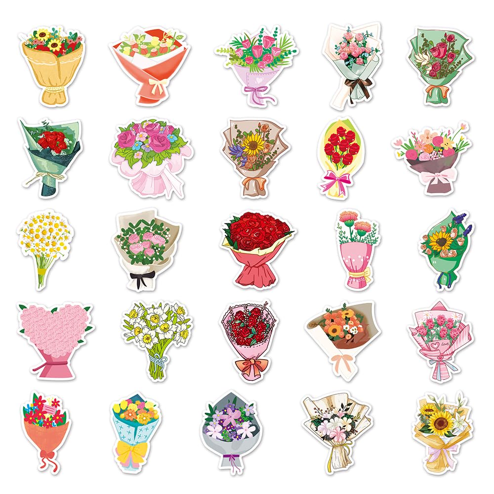 Romantic Flower Bouquet Vinyl Stickers, 50 PCS Cute Rose & Sunflower Bouquet Decals for Journals Scrapbooking, Laptops - Image 3