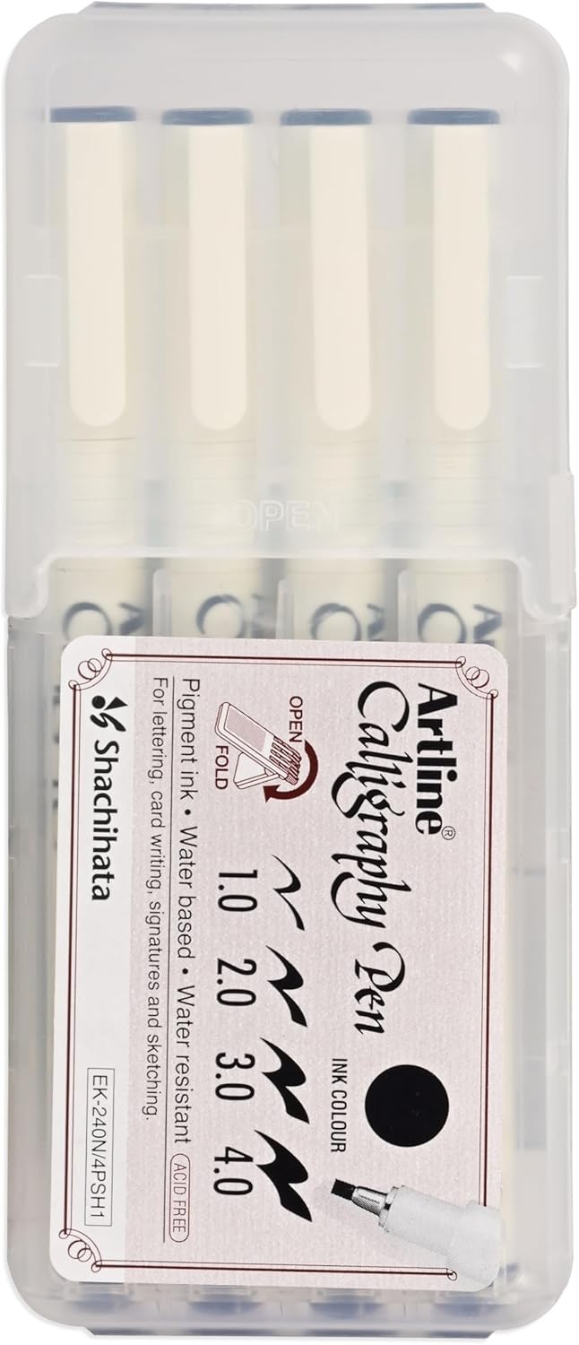 ARTLINE English Calligraphy Pen, Acid Free, Pigment Ink, Water Based Ink, Water Resistant, Set of 4 Pieces Assorted Line Size 1,2,3,&4mm, Black Color, Pack in Hard PVC Pen Holder-ARFPEPF-240/4PSH1