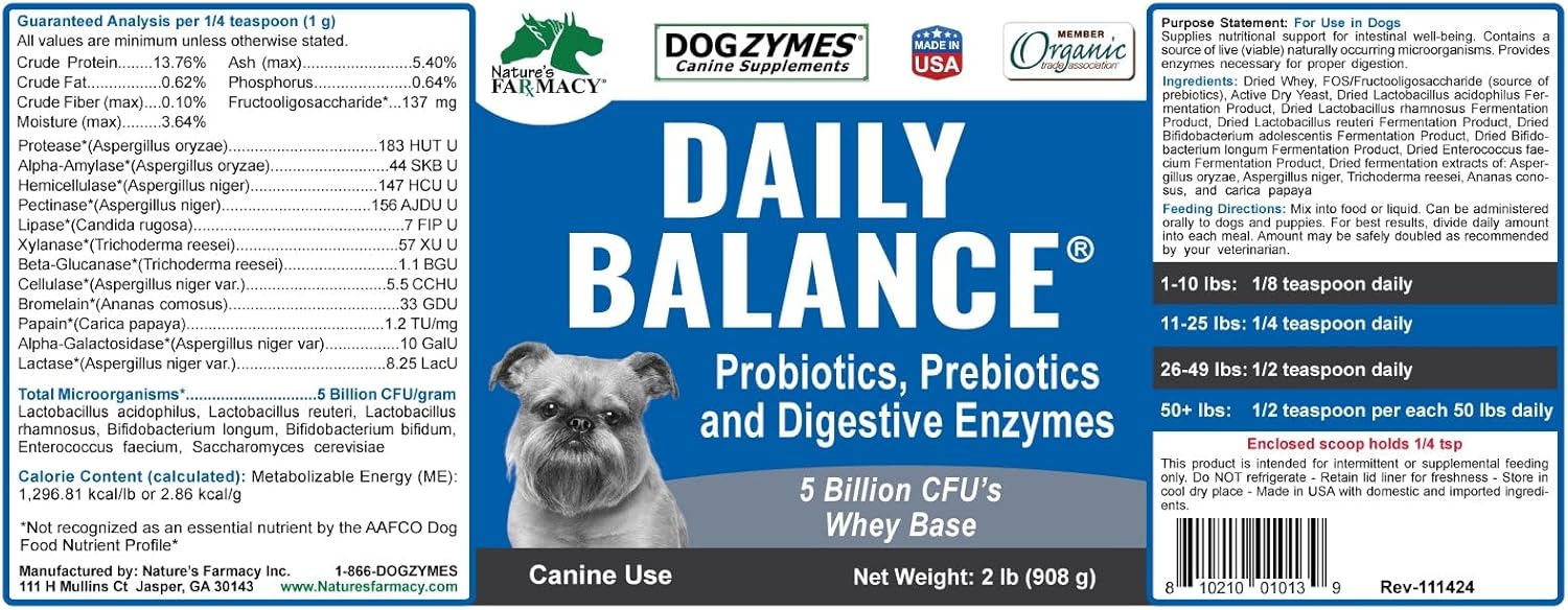 DOGZYMES Daily Balance Canine Supplement by Nature’s Farmacy – Probiotics + Prebiotics + Digestive Enzymes – 5 Billion CFUs – Whey Base – 1 lb (454 g) 1 pound image 7 of 7 B00G4V0JD2