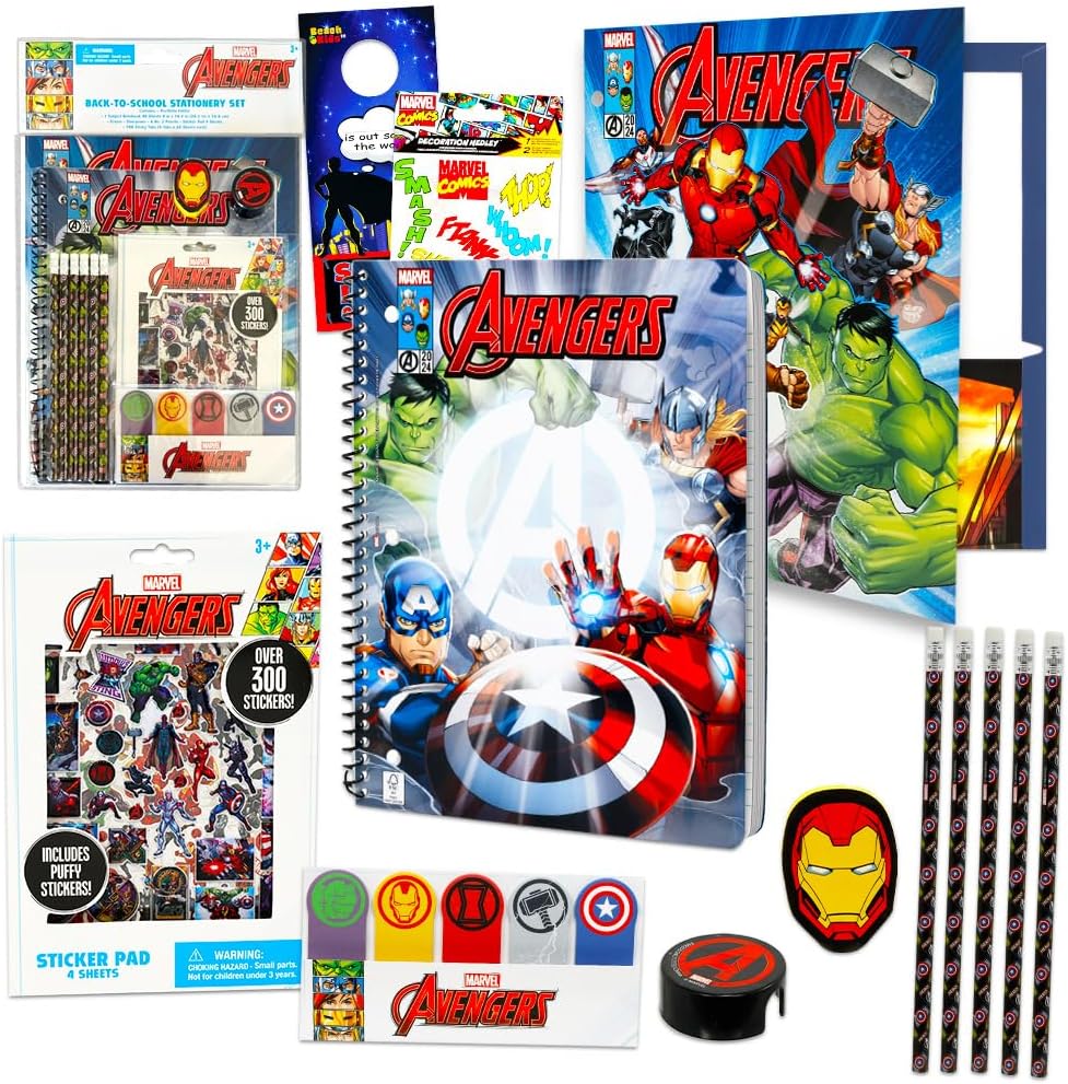 Marvel Avengers School Supplies Value Pack - 11 Pcs Bundle with Notebook, Pencils, Eraser, Sharpener, Stickers, Sticky Tabs and More for Kids