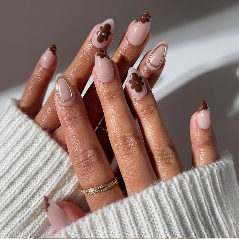 Glamnetic Press On Nails - Short Almond, Glossy Fake Nails 30 Pc Full Kit | Terracotta floral press on nails, 15 sizes. Euro Summer glue-on set. Waterproof, chip-resistant, up to 2 weeks wear