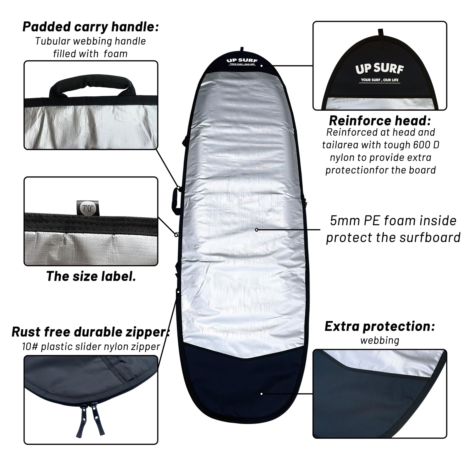 UP SURF Surfboard bag, Daylight Bags for fun board, Size 7'0