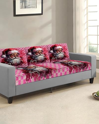 Miniatura 2 de Pink Christmas Santa Couch Cushion Covers, Stretch Sofa Cover with Elastic Bottom, Pink Plaid Winter Snowflake Xmas Sofa Slipcovers Protector