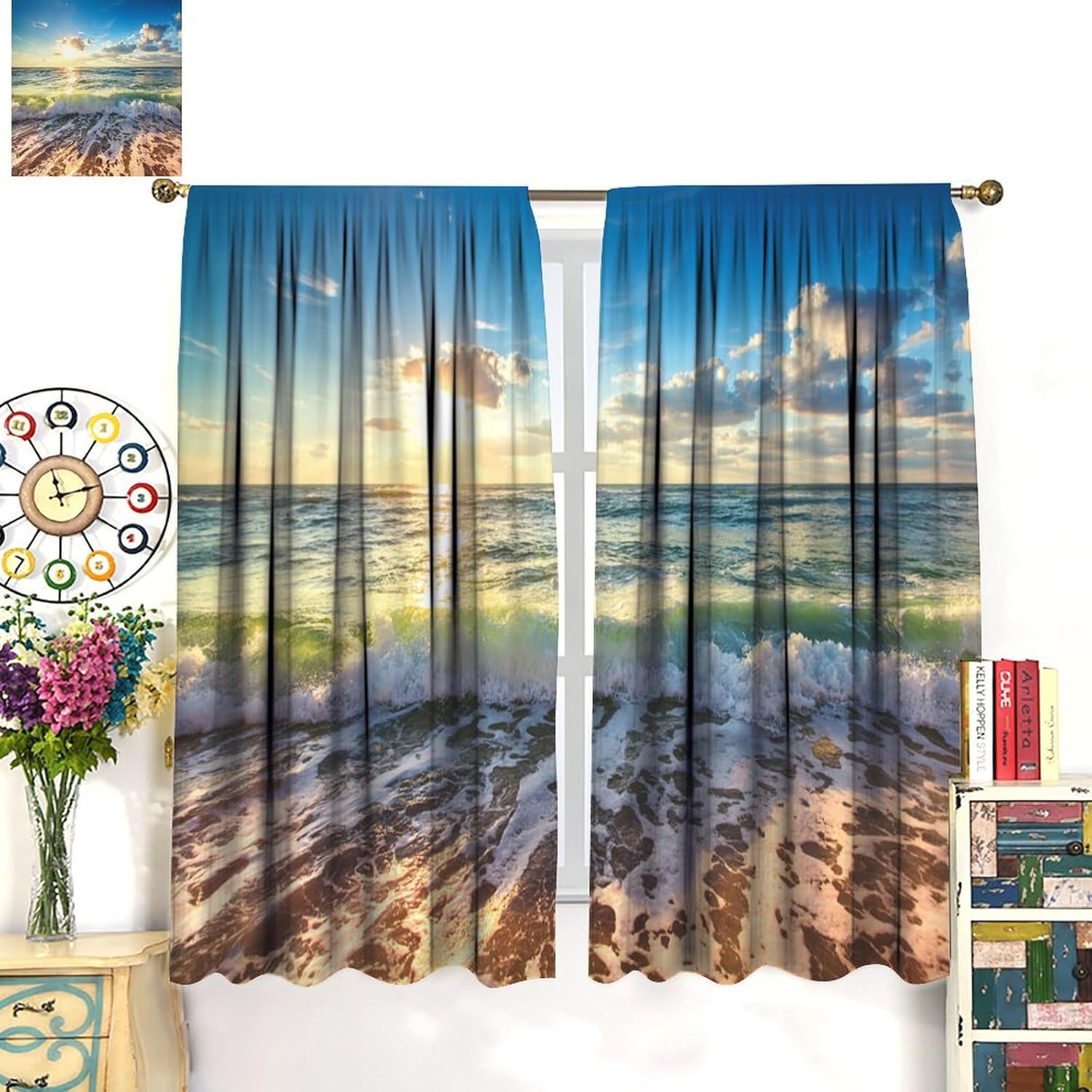 Natural Ocean Scenery Curtains, Vacation Theme Rough Sea Wave Coastal Beach Under Sunset Light, Blackout Thermal Insulation Rod Pocket Window Treatments for Living Room Bedroom Bathroom 42x45in