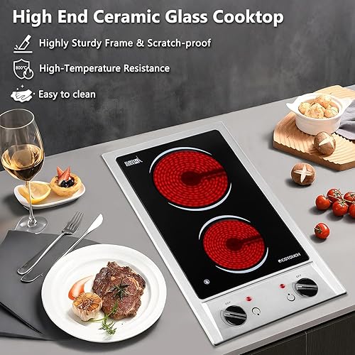 Miniatura 5 de ECOTOUCH Estufa eléctrica de 2 quemadores, estufa eléctrica de 12 pulgadas, 110 V-120 V, estufa de vidrio de cerámica radiante integrada, alambre