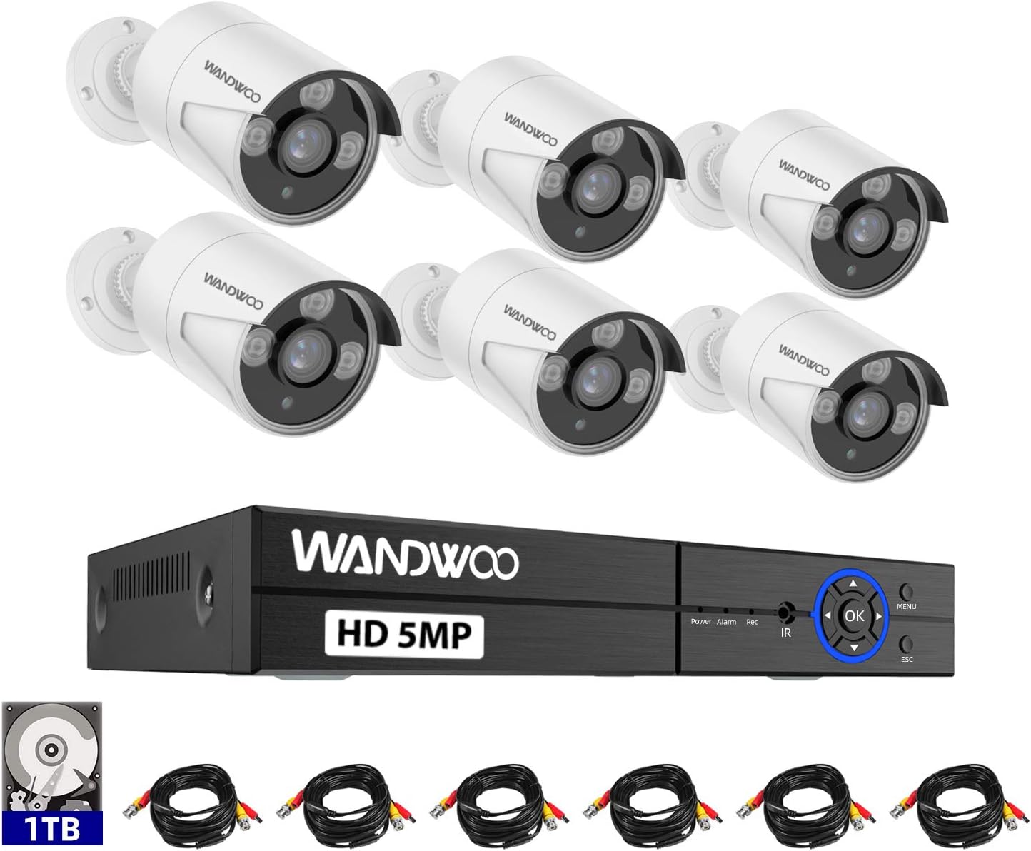 Home Security Camera System, Wandwoo 8CH 5MP DVR Surveillance Camera System(1TB Hard Drive), 6PCS Full HD Indoor&Outdoor Home Security Cameras, Free APP for Smartphone Remote Monitoring
