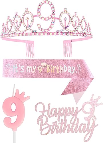 Vista 35 de Decoraciones de 7º cumpleaños para niña, incluyendo corona/tiara, banda, adornos para pastel de cumpleaños y velas del número 7, suministros de Rosa