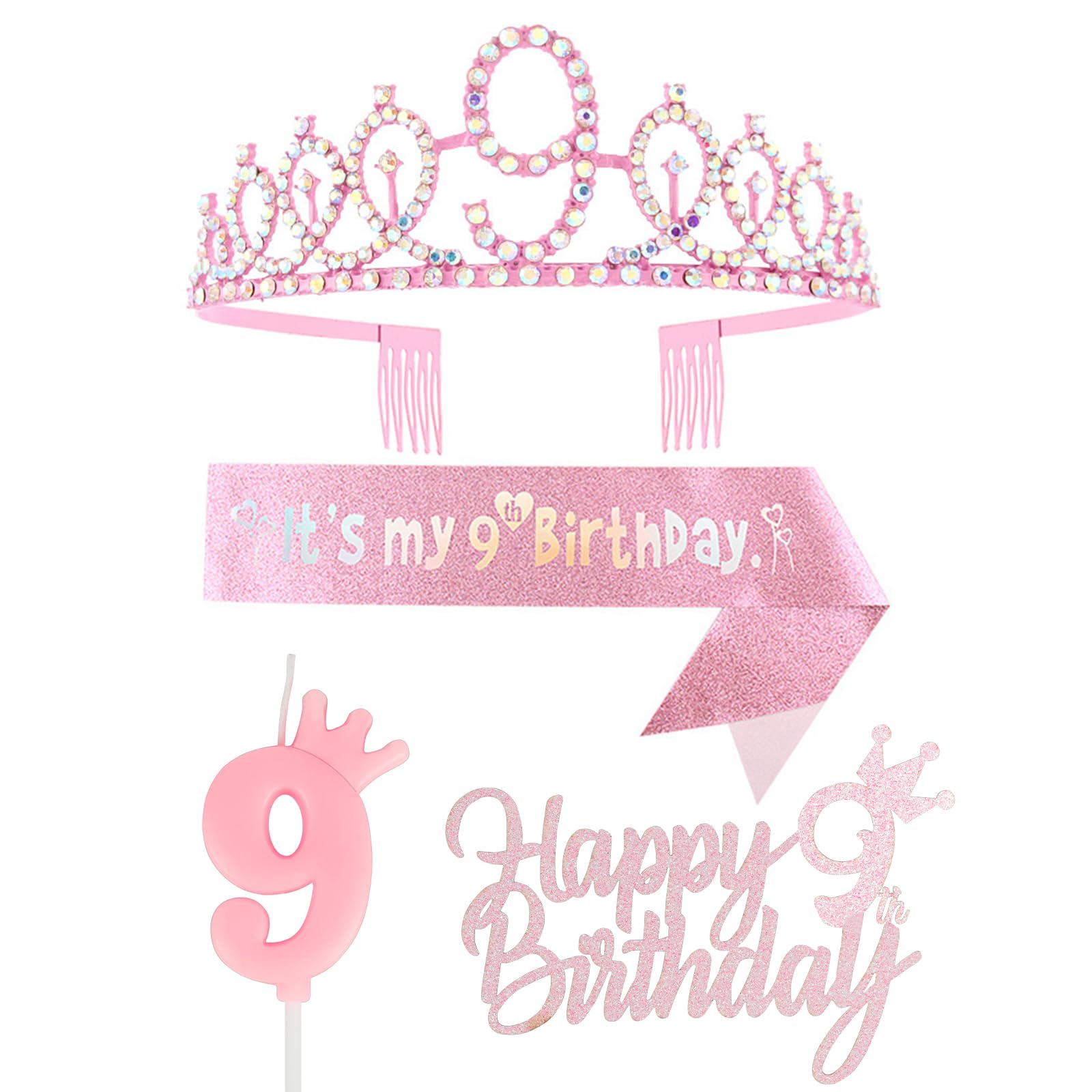 9th Birthday Decorations Including 9th Birthday Crown/Tiara, Sash, Happy Birthday Cake Toppers and Number 9 Candles, Pink Birthday Party Supplies Birthday Gift Ideas — image 1