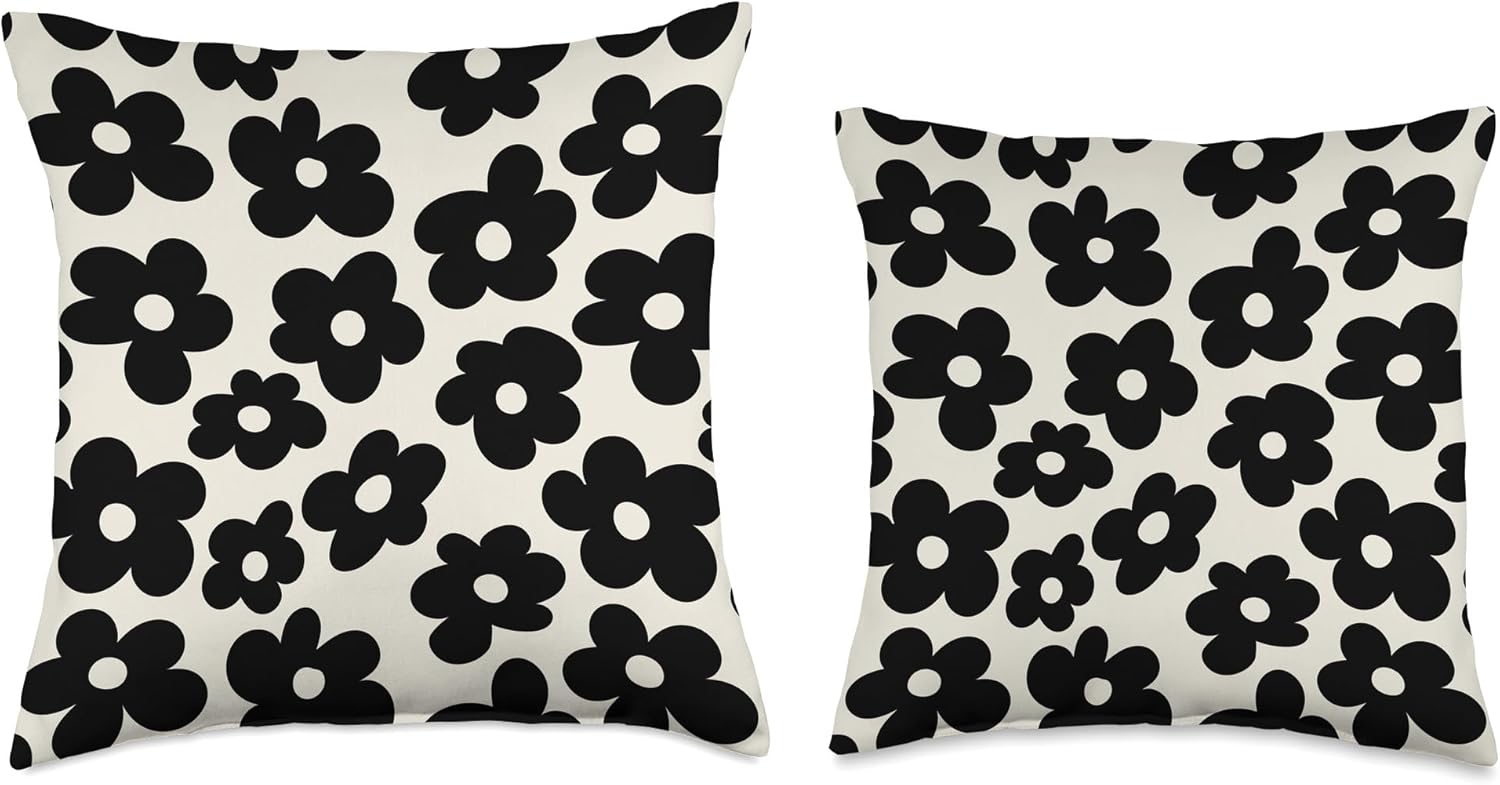 Black Flowers Retro Daisy on cream Throw Pillow