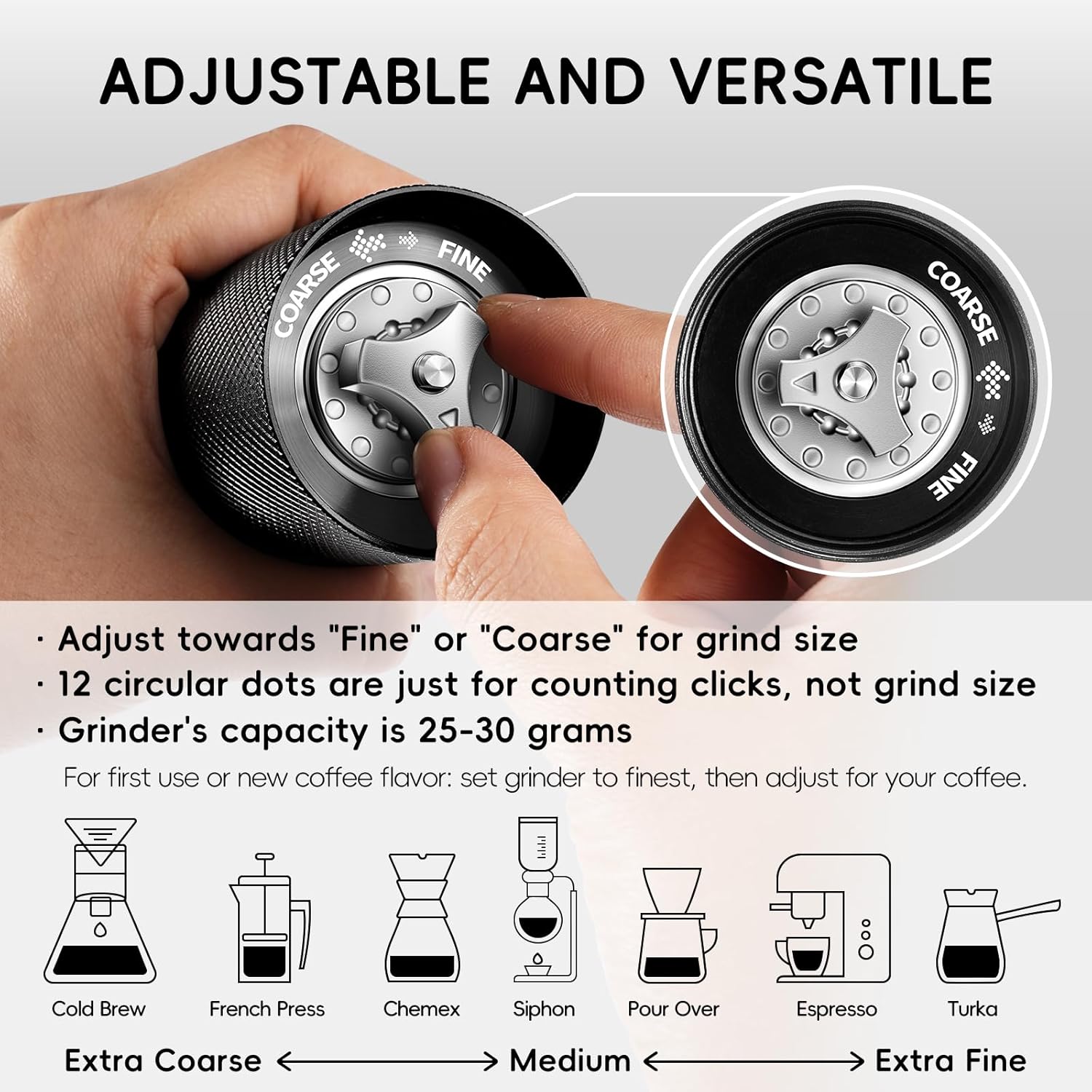 Manual Hand Coffee Grinder for French Press, Drip, Espresso with Assembly Consistency Stainless Steel Conical Burr Mill, BOMANSI BOMS Adjustable Grind Setting for Travel, Camping, Home