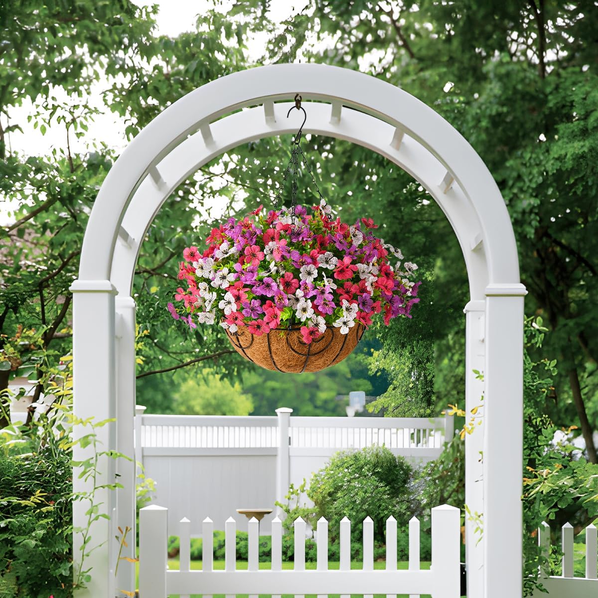 Artificial Faux Hanging Plants Flowers Basket for Outdoor Spring Summer Decoration,Fake Silk Daisy in Planter Realistic UV Resistant for Outside Home Porch Patio Balcony Yard(Purple White Rose)