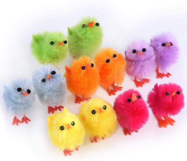 TUPARKA 12Pcs Mini Easter Chicks Vibrant Colors Easter Chenille Chicks Cute Fully Easter Baby Chicks for Easter Party, Easter Egg Bonnet Decoration, Easter Egg Hunt