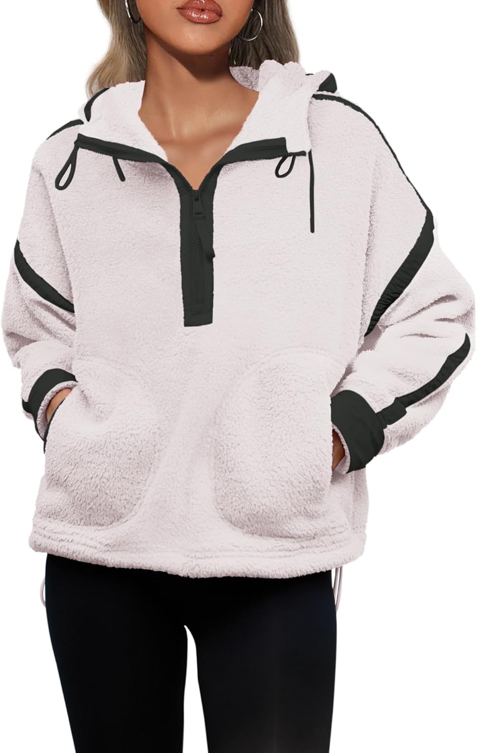 Panadila Womens Half Zip Fleece Pullover Oversized Hoodies Fuzzy Hooded Sweatshirt Cozy Sherpa Jacket - Image 2
